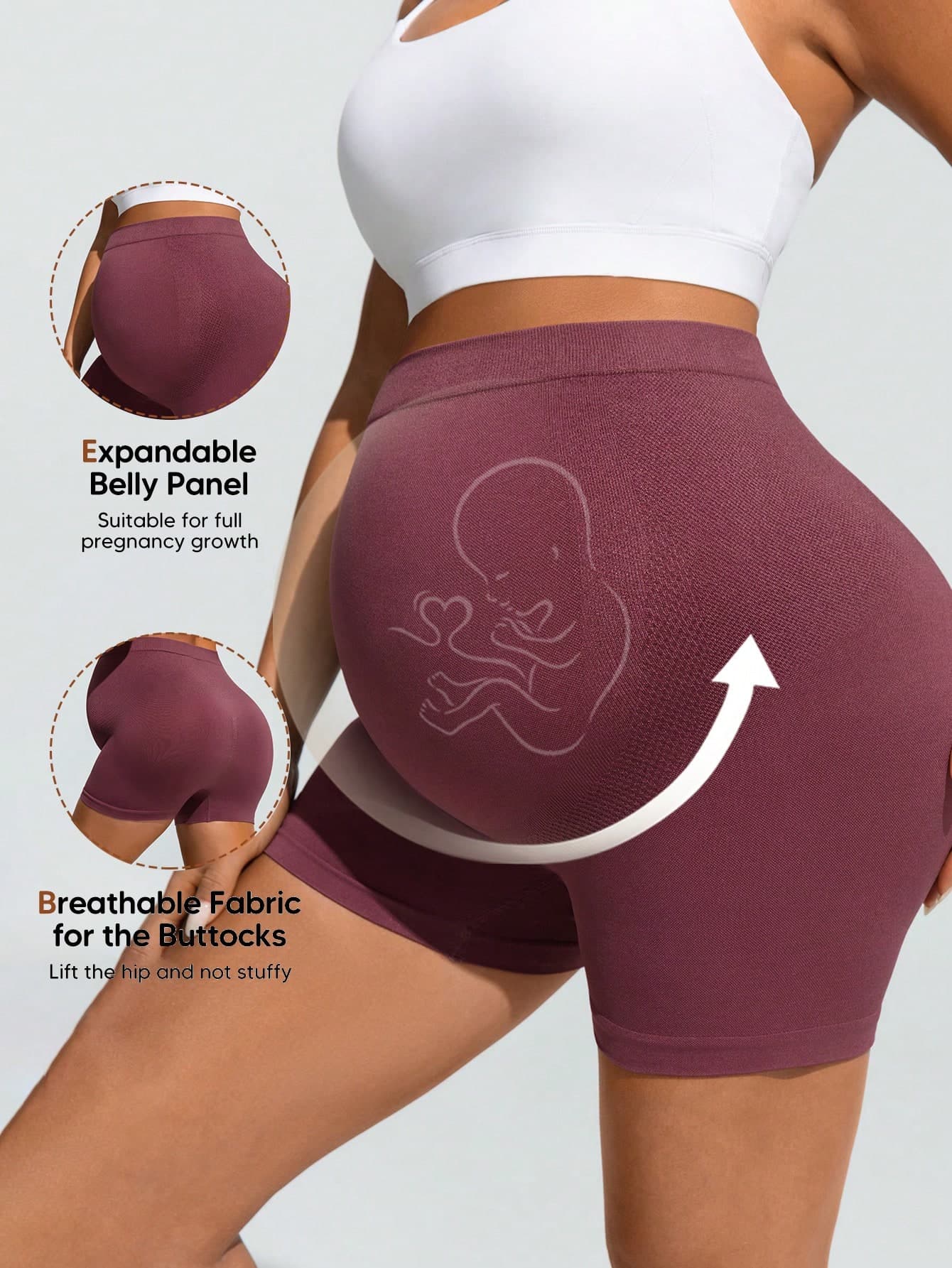 SHEIN Pregnant Women's Solid Color Elastic Waist Casual Fitness Shorts Pregnancy Maternity Expandable Belly Panel Breathable Fabric