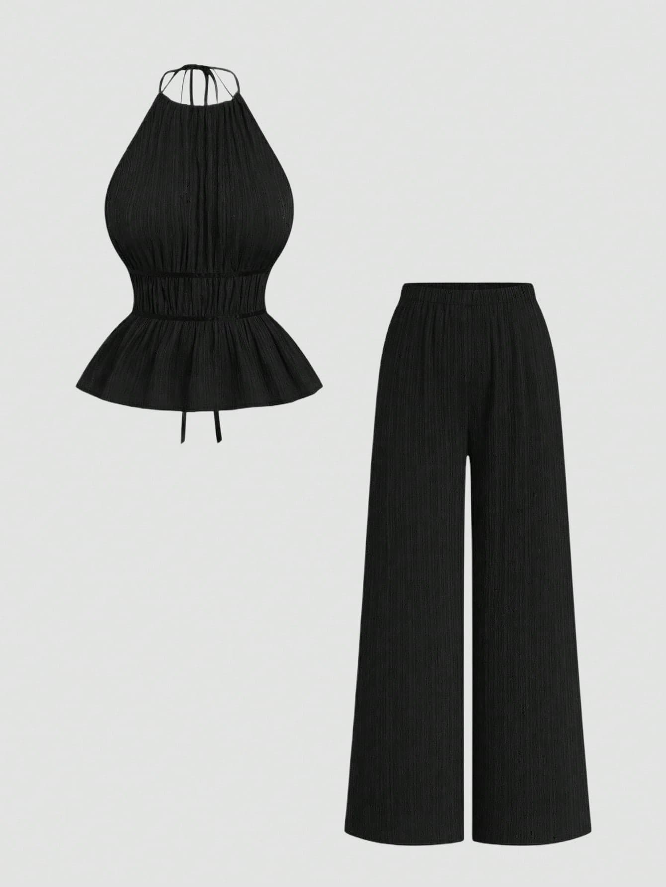Sweetra 2pcs/Set Solid Color Minimalist Sleeveless Waist Cinched Jumpsuit