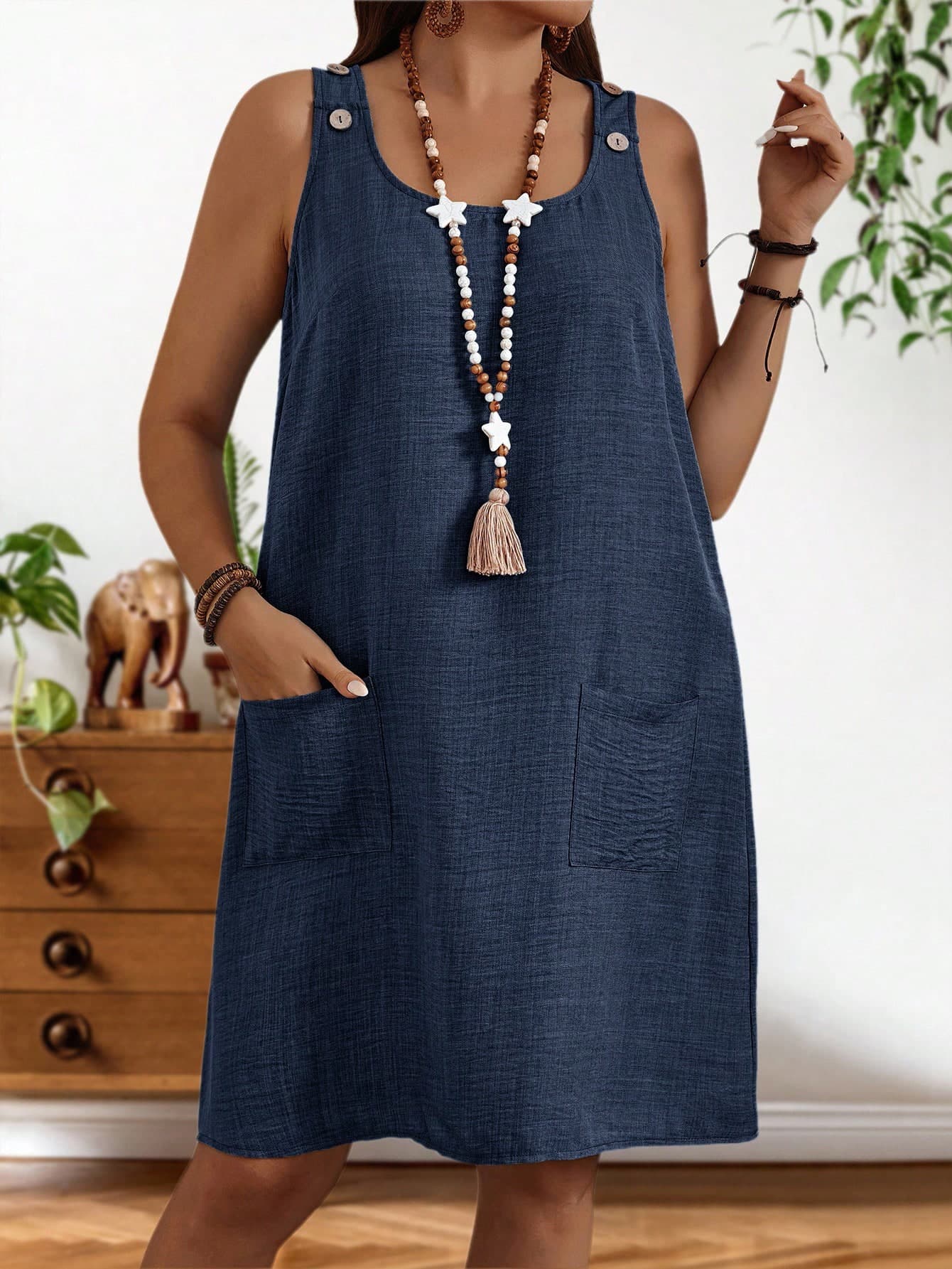 EMERY ROSE Plus Size Women Navy Blue Summer Boho Vacation Casual Solid Color Scoop Neck Patchwork Pocket Loose Dress,Flowy Sun Dresses,Modest Holiday Outfits