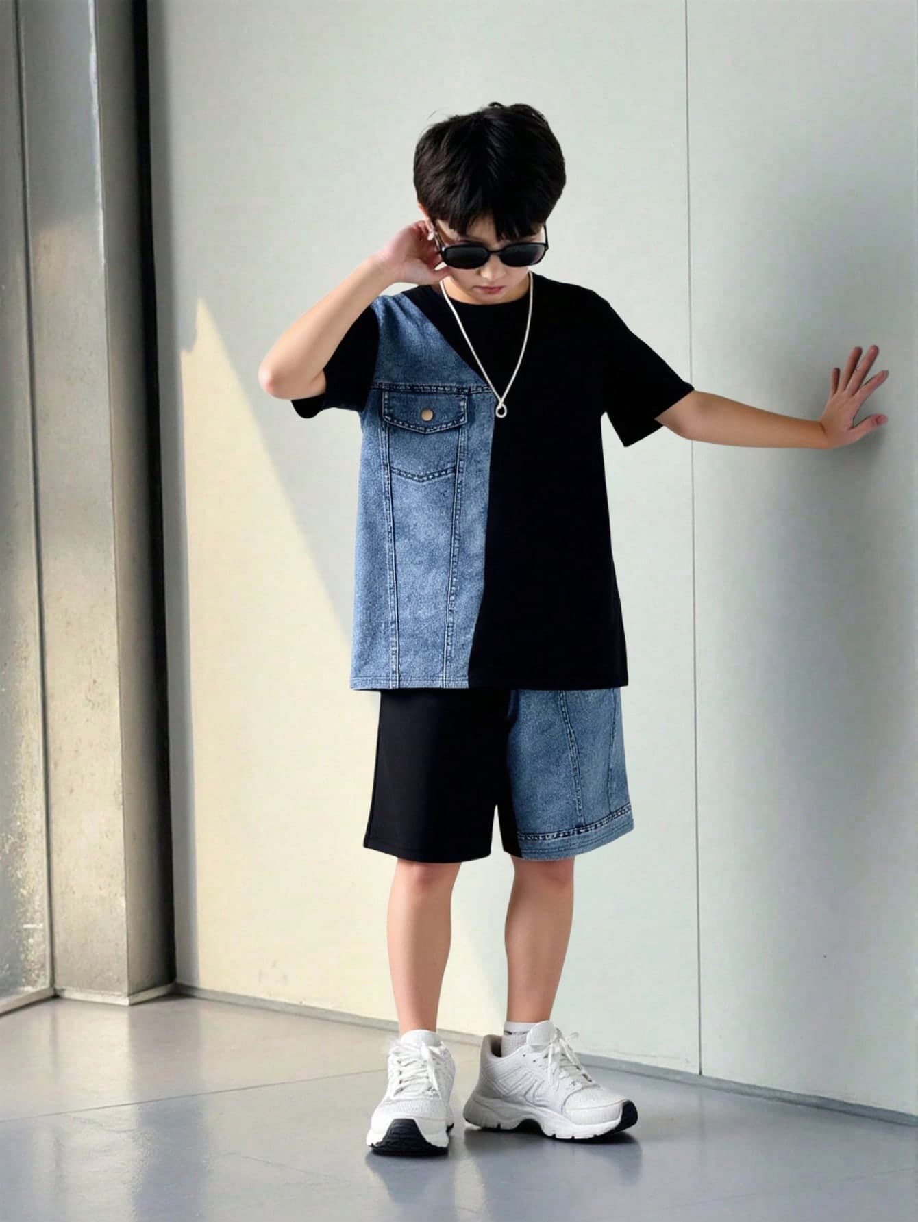 SHEIN Mirajuku 2pcs/Set Teenage Boys Casual  Patchwork Knit T-Shirt And Shorts, Fashion Streetwear Style  Patchwork Outfit