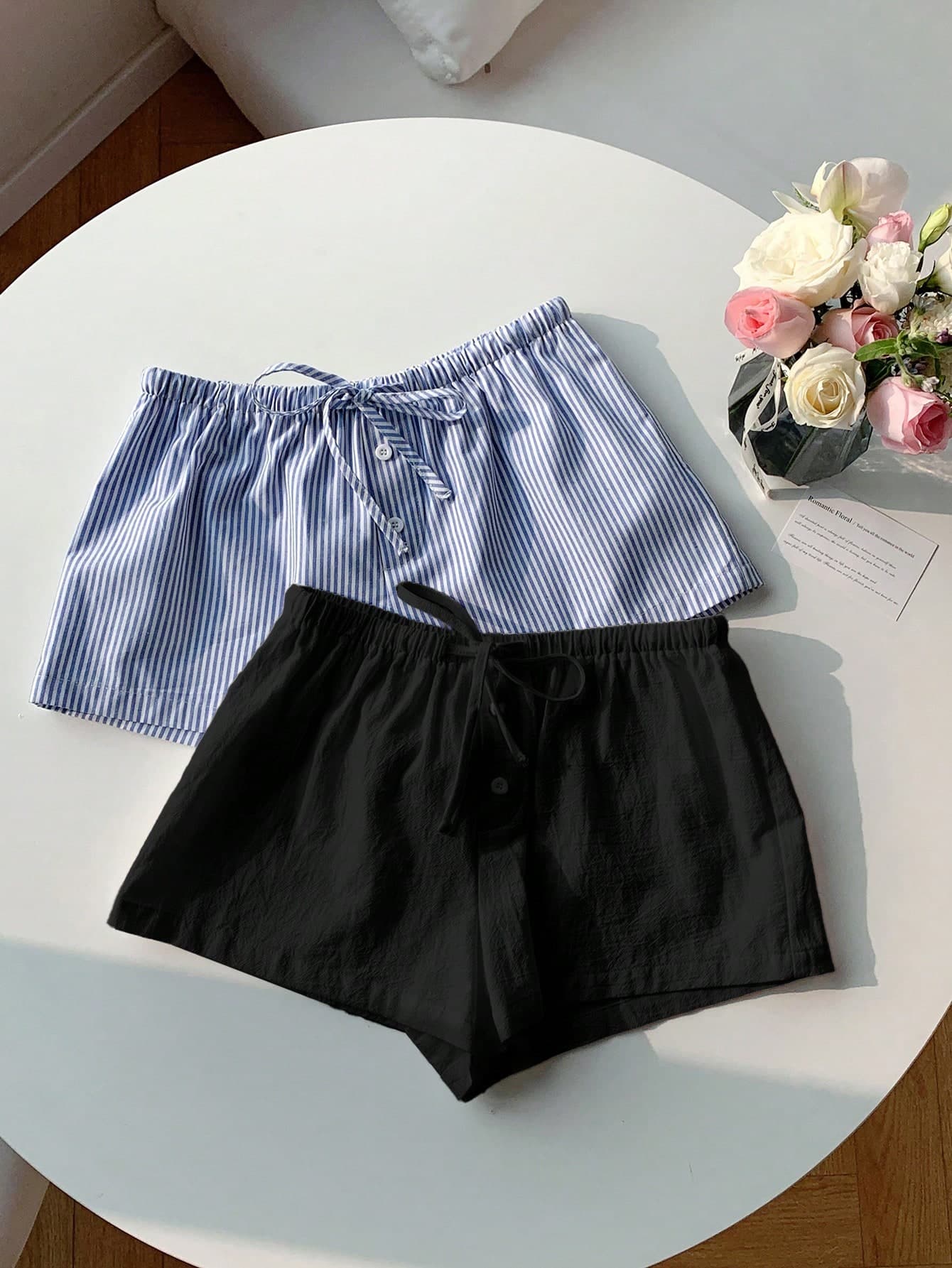 Comfortcana 2pcs Women's New Linen Striped Shorts