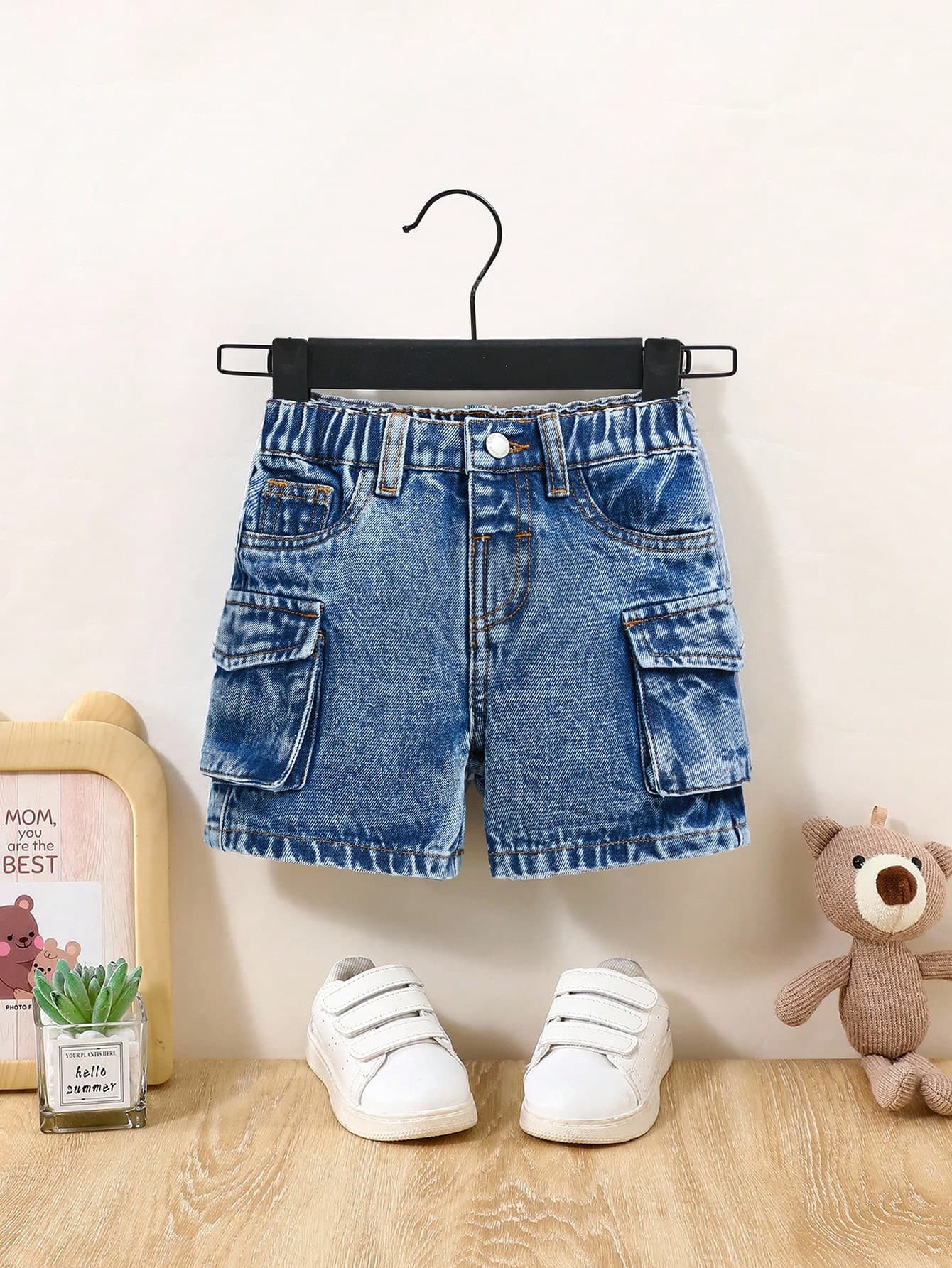 SHEIN Baby Boy Summer Casual Fashion Loose Fit Baggy Blue Denim Cargo Shorts,Baby Spring/Summer Spring Break