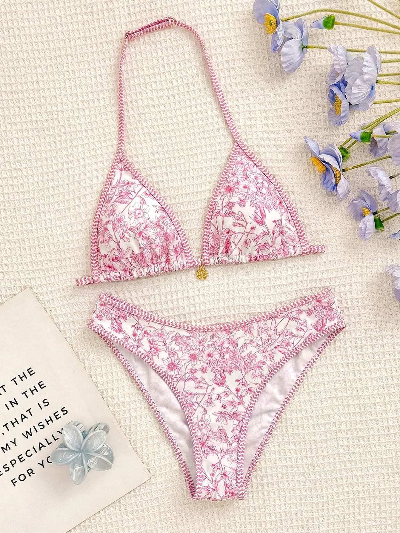 SHEIN Teen Girls Vintage Floral Print Spaghetti Strap Bikini Set Apricot Knitted Texture Shell Decoration Halter Triangle Summer Beach Vacation Holiday