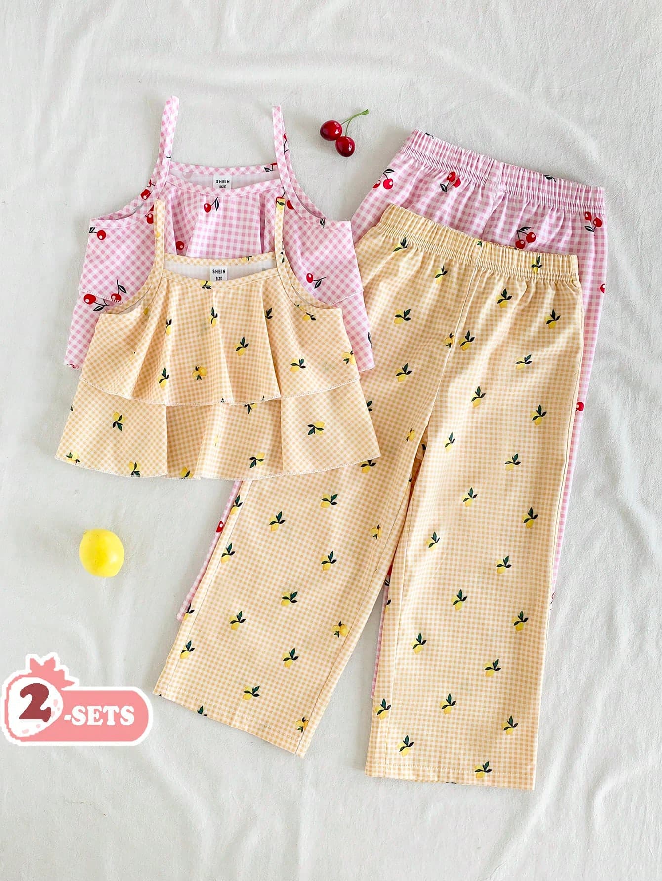 Vintaside Kids 4pcs/Set Girls' Casual Charming Camisole Top Paired With Relaxed Wide Leg Pants, Pink & Beige, Suitable For Daily Outings, Vacation & Leisure Wear