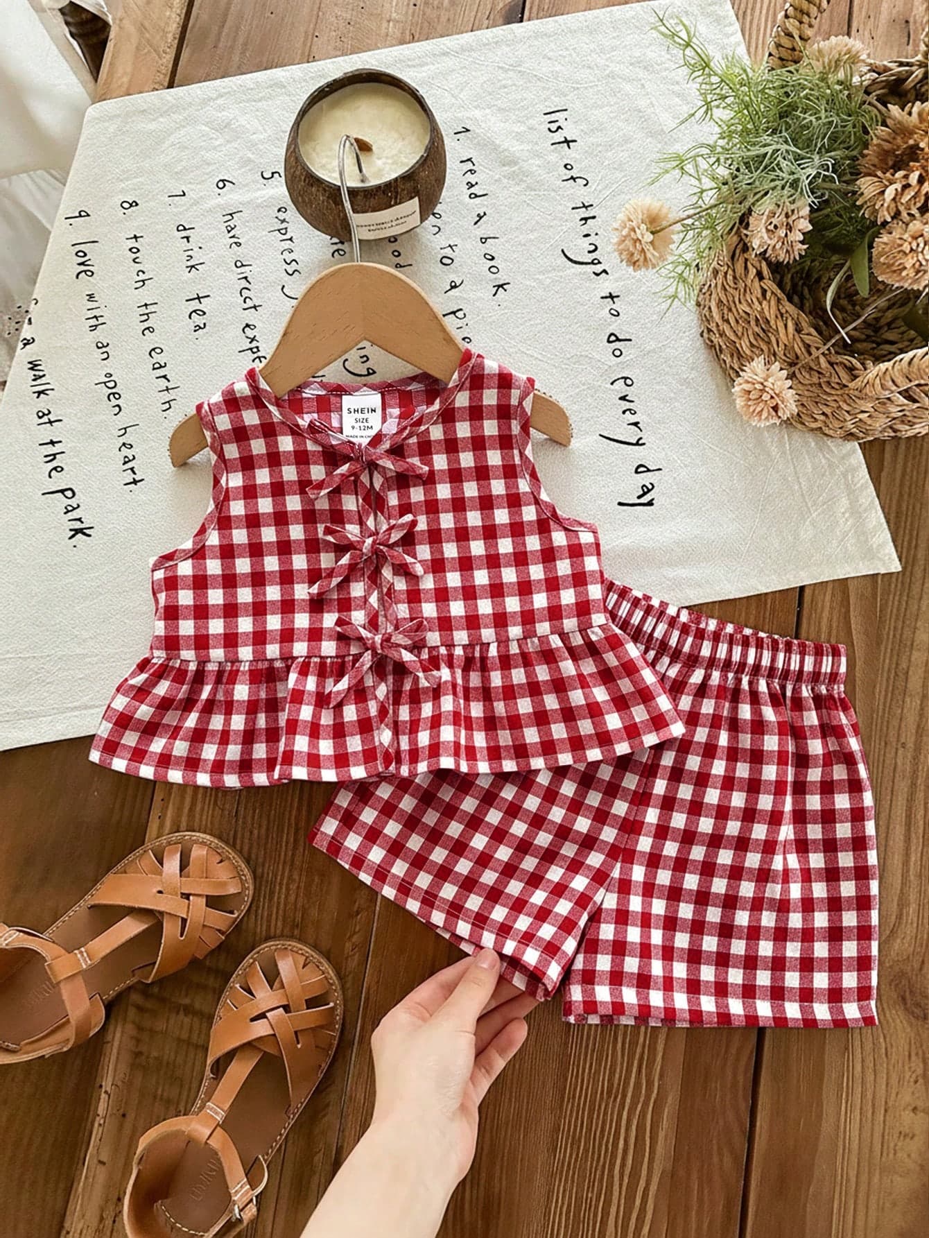 SHEIN LMoss Kids Baby Girl Plaid Bow Decor Ruffle Hem Top And Shorts Cute Set, Baby Girl