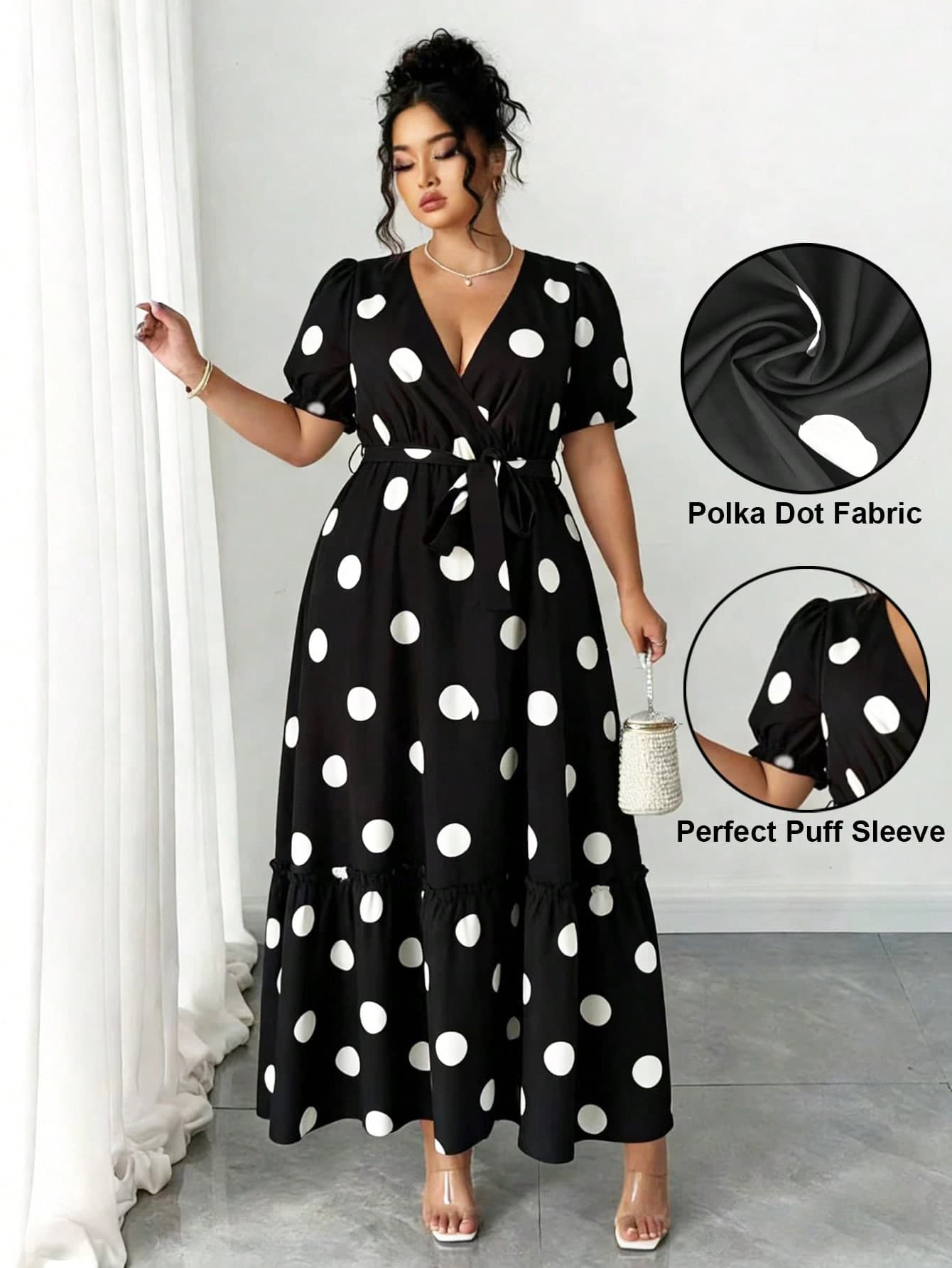 Elenzga Women's V-Neck Polka Dot Puff Sleeve Tie Waist Elegant Dress,Black And White Plus Size Maxi Summer Dress,Spring Wrap Tea Party Dress