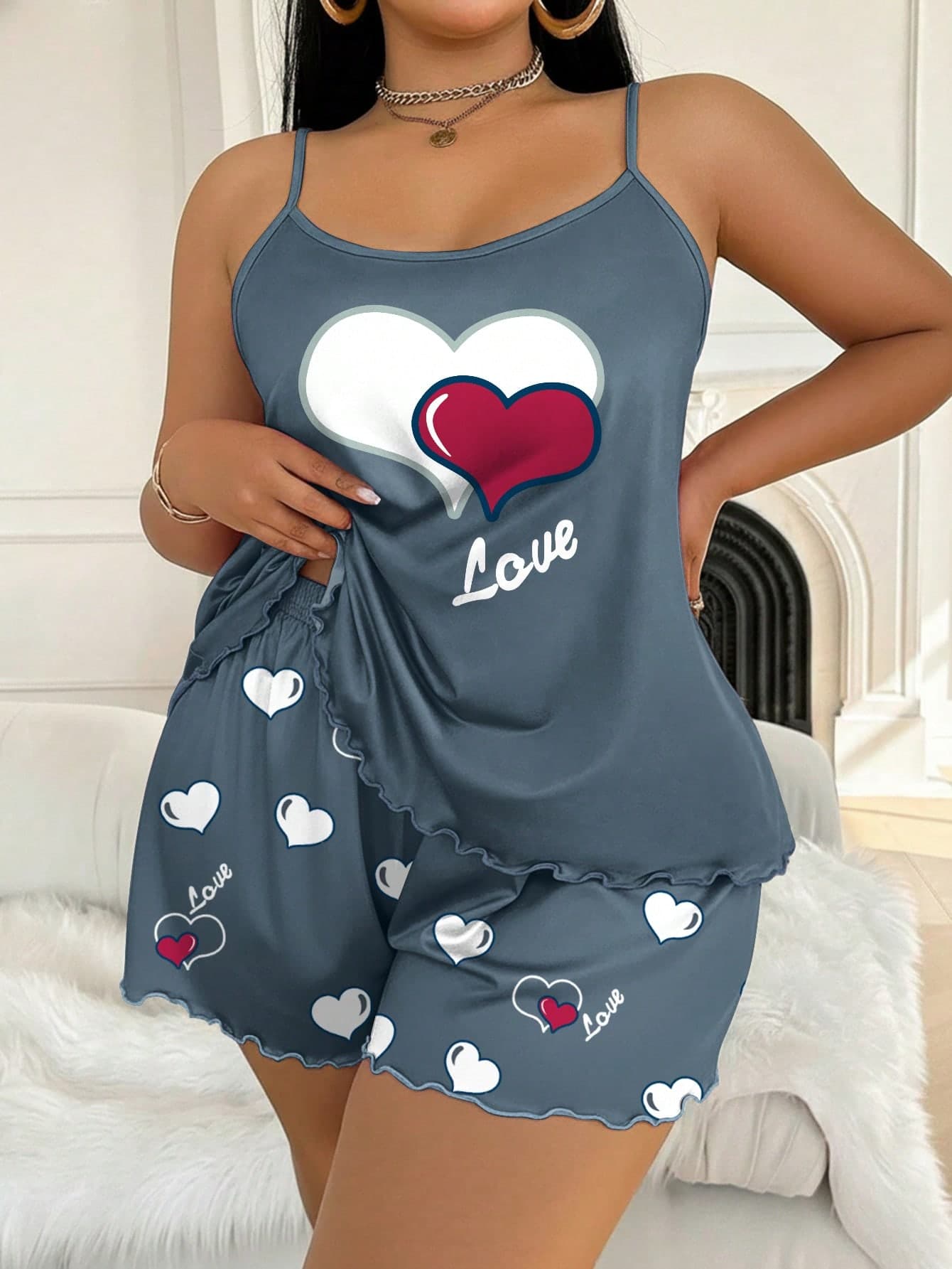 Dream Adore Plus Size Heart & Letter Print Camisole & Shorts PJS Valentine's Day Cute Sleep Wear Women Valentine's Day Lounge Short Sets For Women
