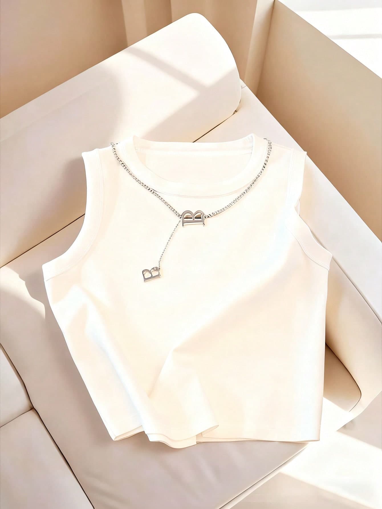 SHEIN Women's Casual Crew Neck Sleeveless Tank Top, White, Minimalist & Versatile For Daily Wear, Summer