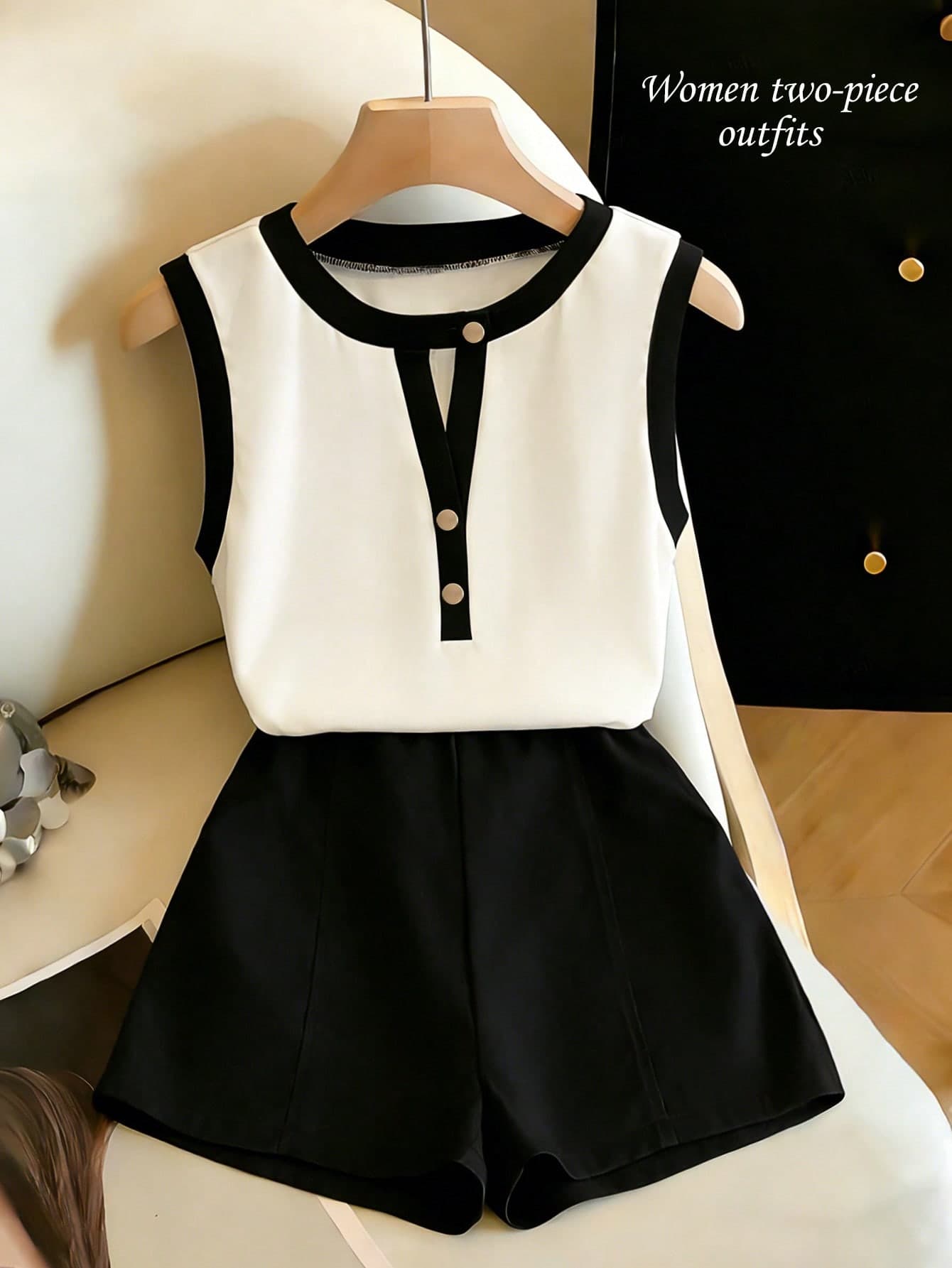 Franclia Women's Elegant Black And White Two-Piece Set,Summer Casual Vacation Outfit,Sleeveless Gold Button Contrast Top & Shorts,Fashion Commuter Suit