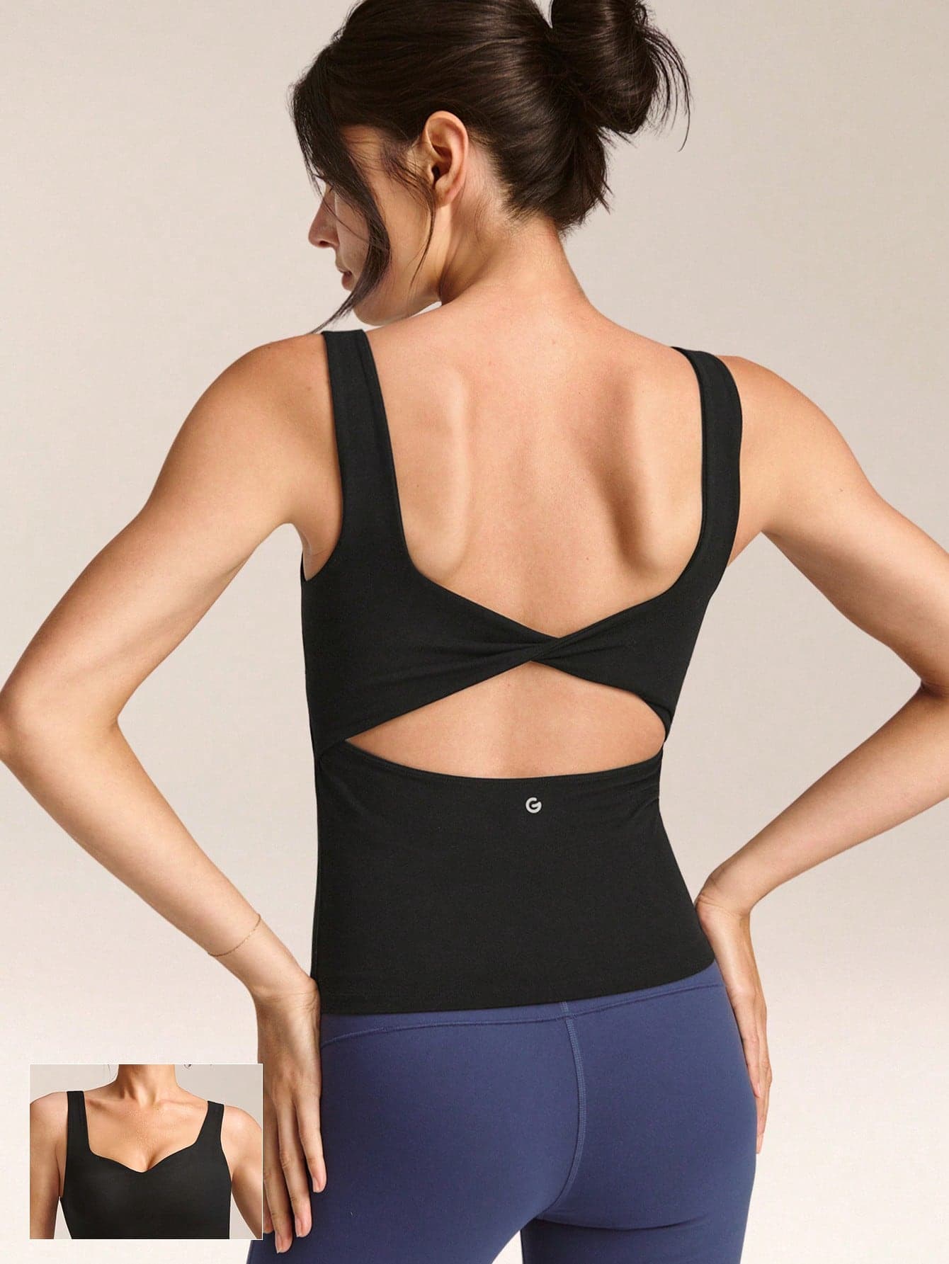 GLOWMODE FeatherFit™ Soft Win Buttery-Soft Sweetheart Neck Twisted Open Back Removable Cups Long Tank Top Low Impact Yoga Pilates Studio Daily Wear
