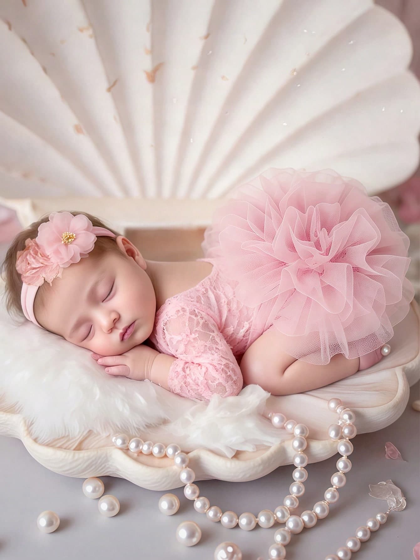 SHEIN Cute Baby Pink Newborn Girl Photography Outfits Summer Lace Romper With Flower Headband Photo Shoot Props 100 Days Infant Pink Tutu Dress Clothes Set