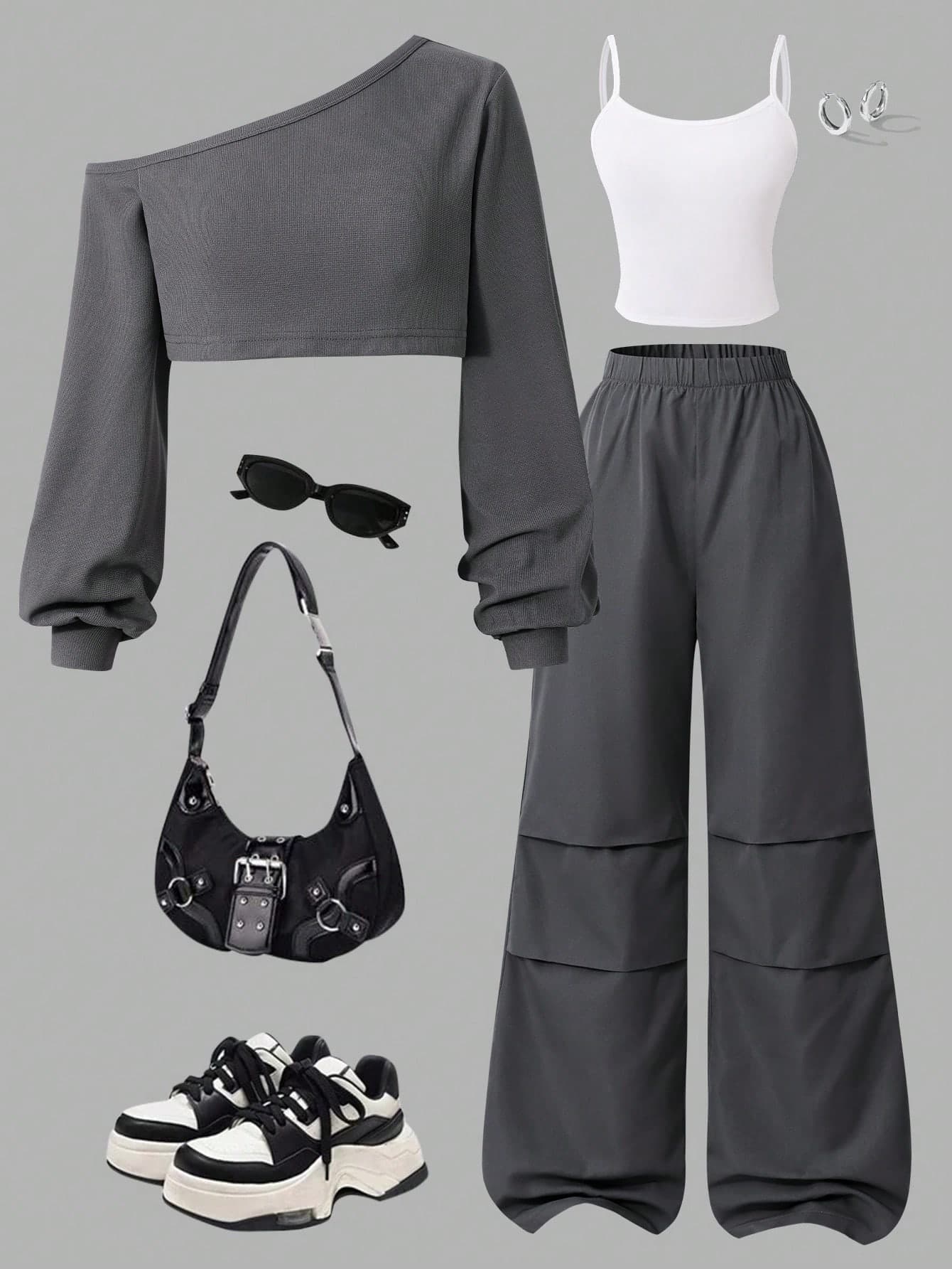 3pcs Casual Knit Camisole,Suspender & Wide Leg Pants Set For Teens,Oblique Shoulder Design,Black And White,Autumn,Streetwear,Holiday Fashionable Wear