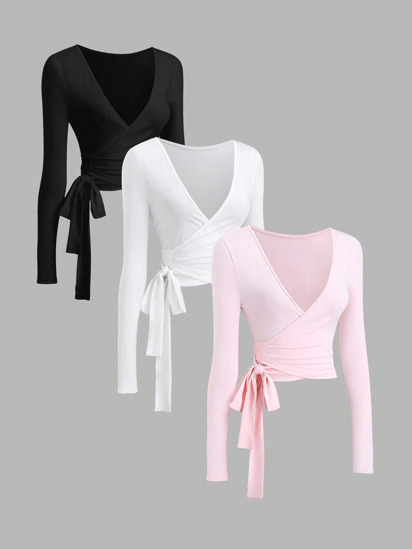 Sweetra Women's 3 Pieces Set Minimalist Casual Black And White Summer Seksi Chic Everyday Sports Fitness Elastic V-Neck Wrap Long Sleeve Cropped T-Shirt