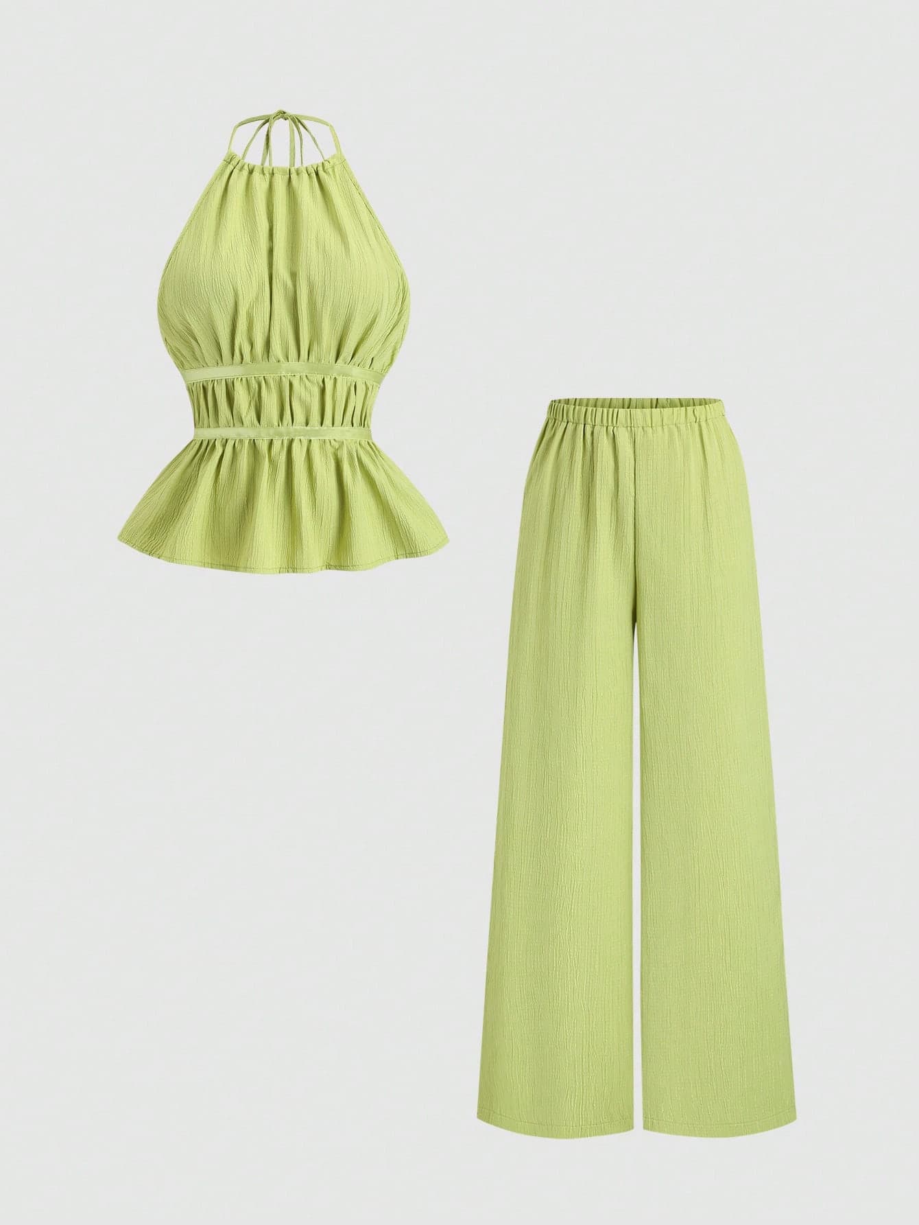 Sweetra French Style Loose Solid Color Drawstring Halter Top And Relaxed Wide Leg Pants Two Pieces Set For Women