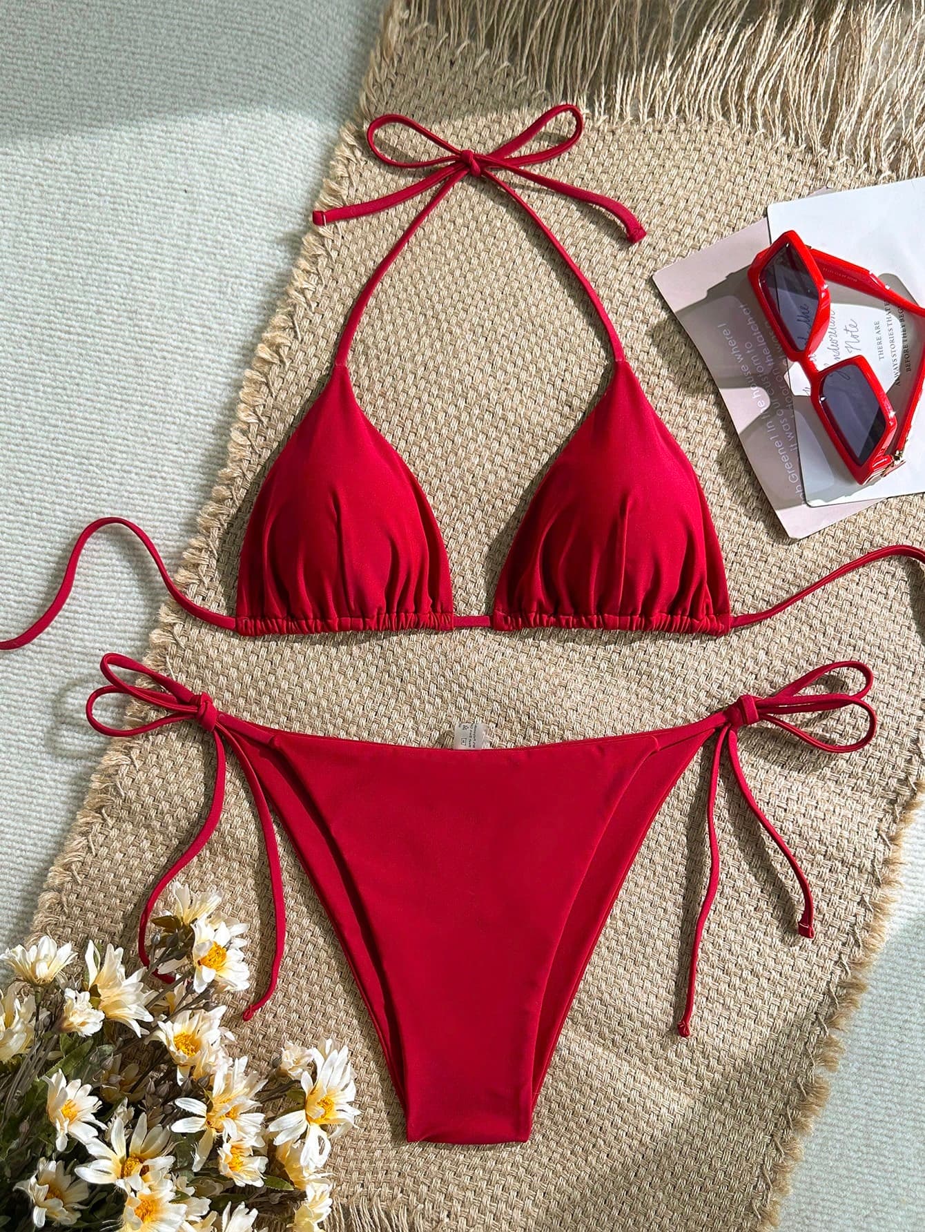 Swim Mod Women's Solid Color Halter Triangle Cup Side Tie Bikini Swimwear Set, Summer Beach
