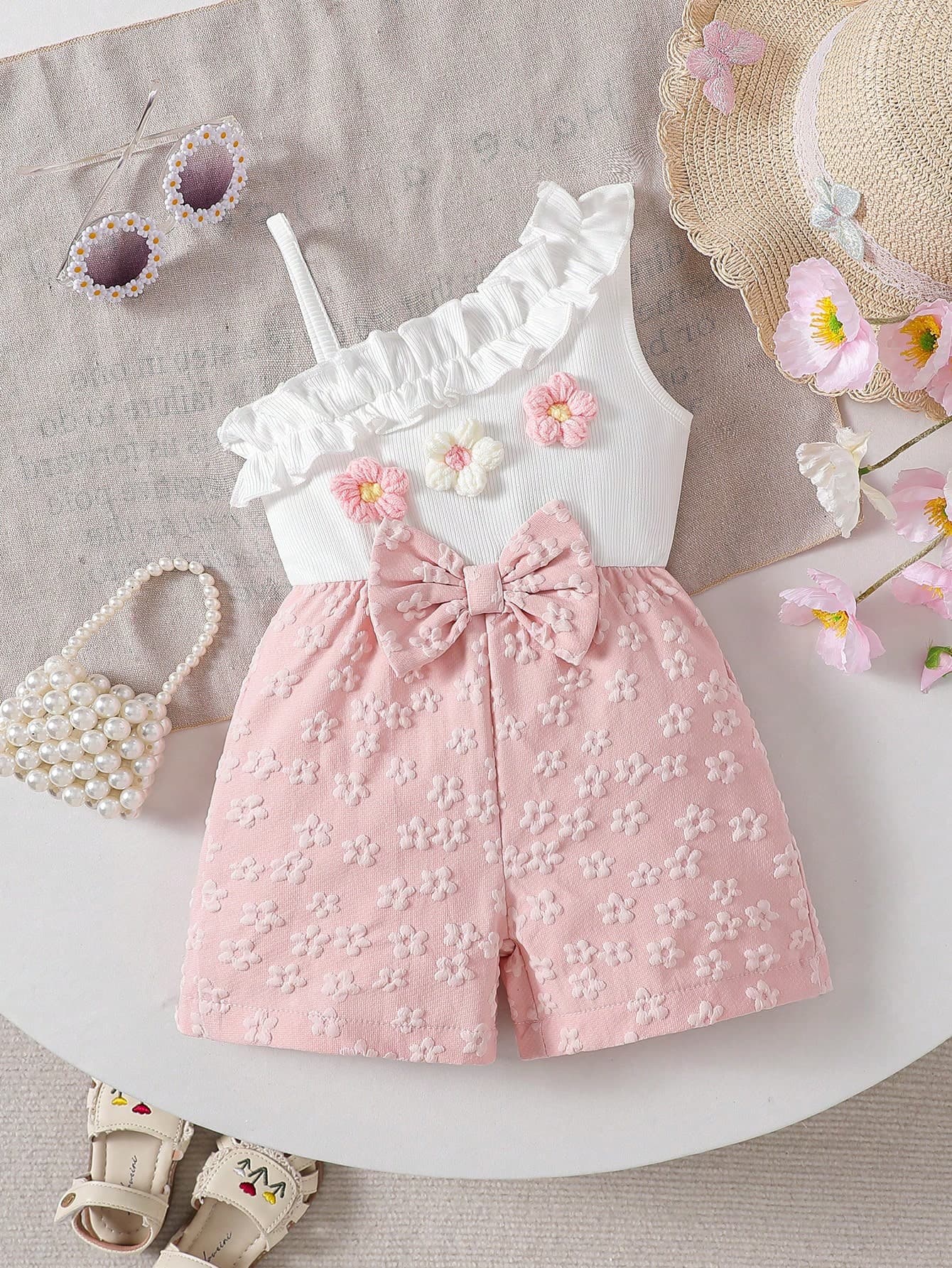 SHEIN Baby Girls' Fashion Elegant Asymmetric Shoulder 3D Floral Bow Romper, Summer