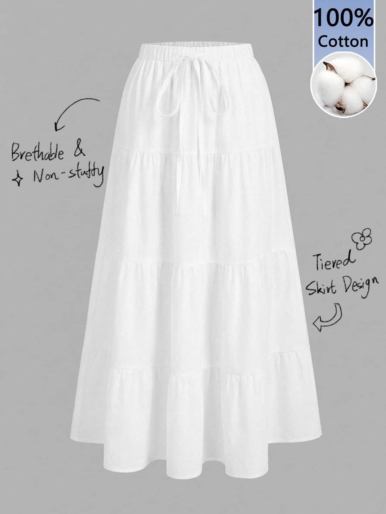 Tseoso Women's 100% Cotton White Summer Boho Vacation Holiday Multi-Layer Cake Hem Skirt,Tiered Long Drawstring Skirt,Chic Music Festival Seaside