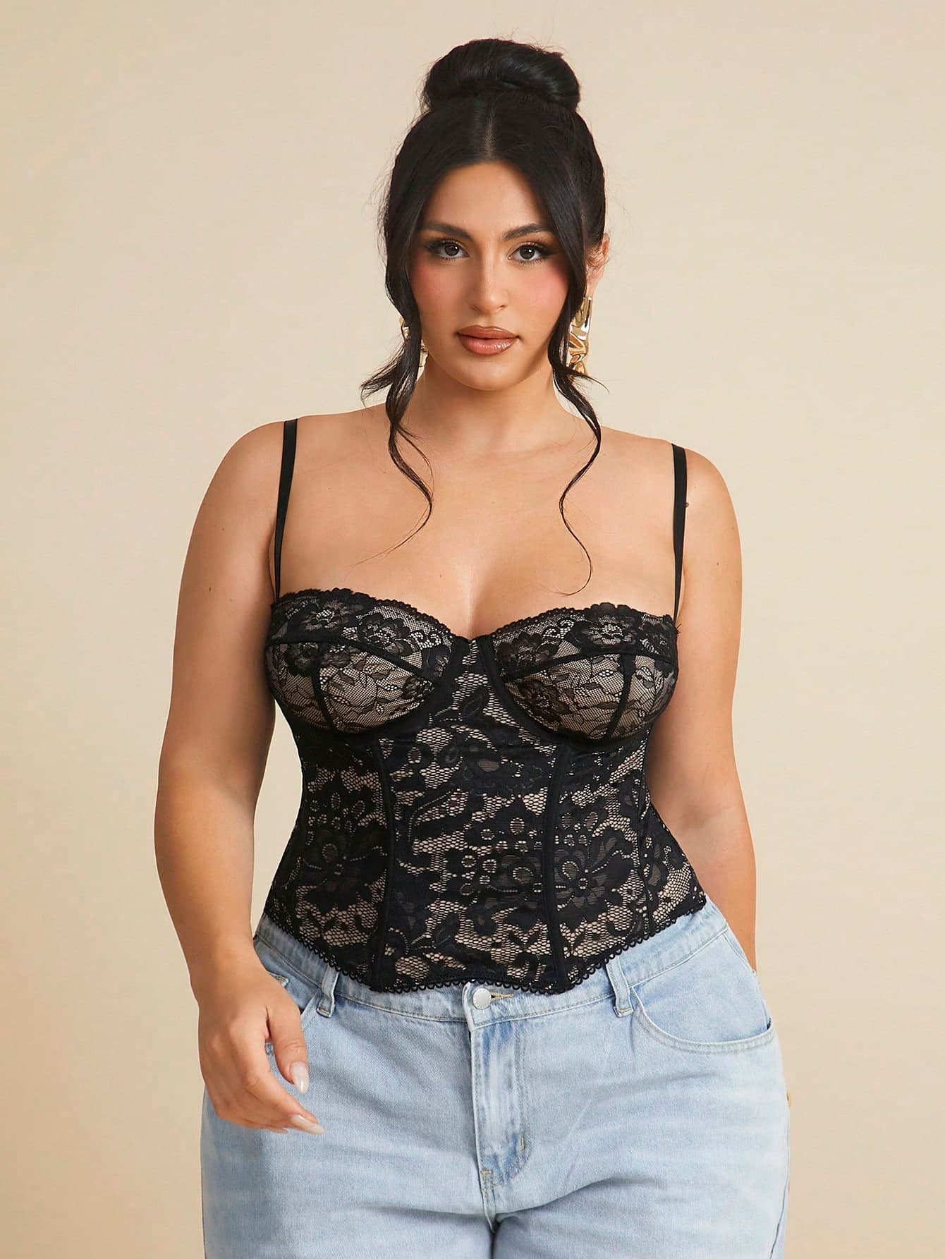 SHEIN BAE Christmas Plus Lace See-Through Cami Top, Party, Date, Casual, Commute, Cute Bralette, Club Corset Summer Halloween,Valentine's Day