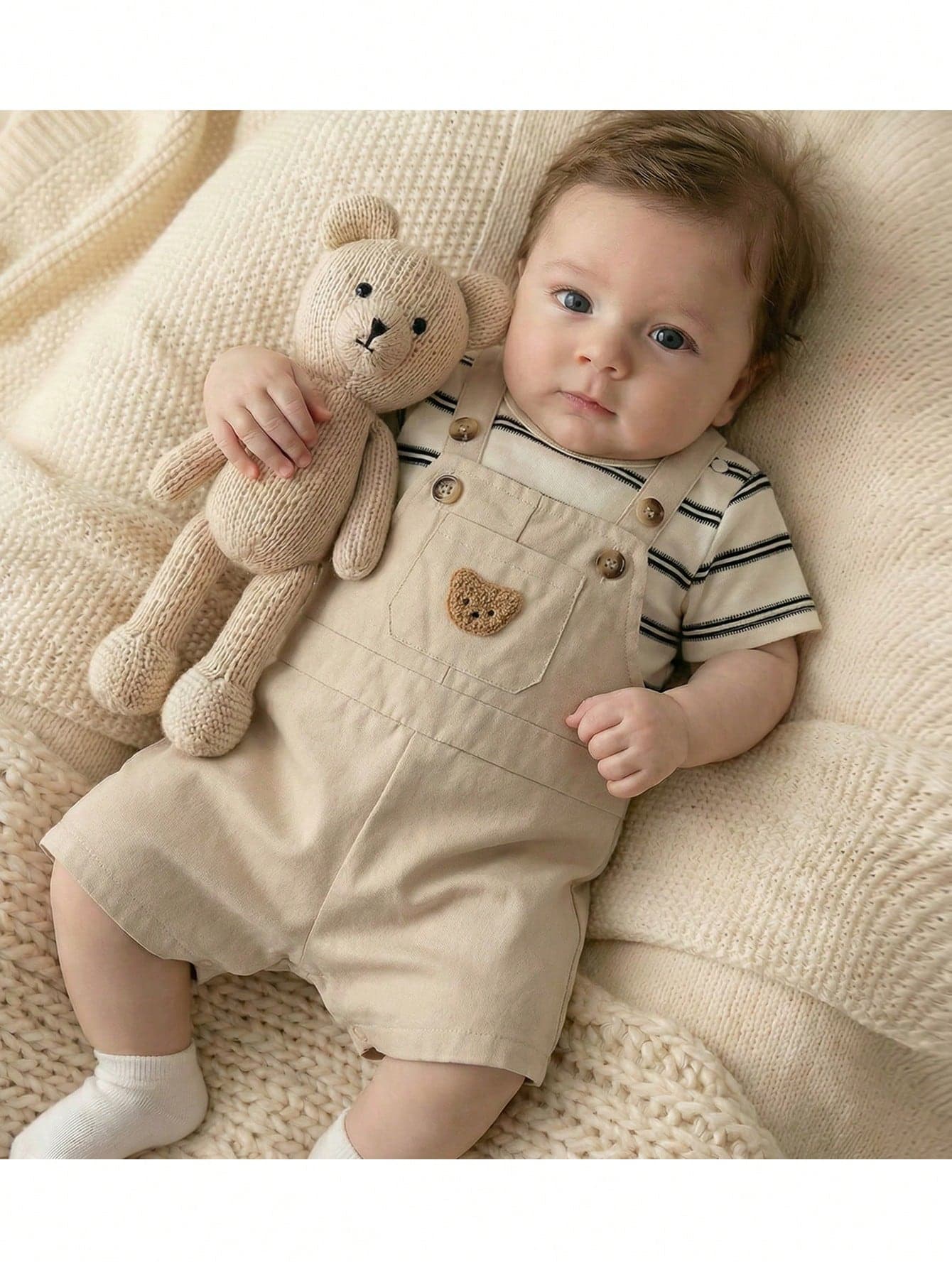 Loomiva Newborn Baby Boy/Girl Cartoon Bear Pattern Knitted Soft Crew Neck Long Sleeve Raglan Pullover Top And Bib Pants 2-Piece Set,Kids