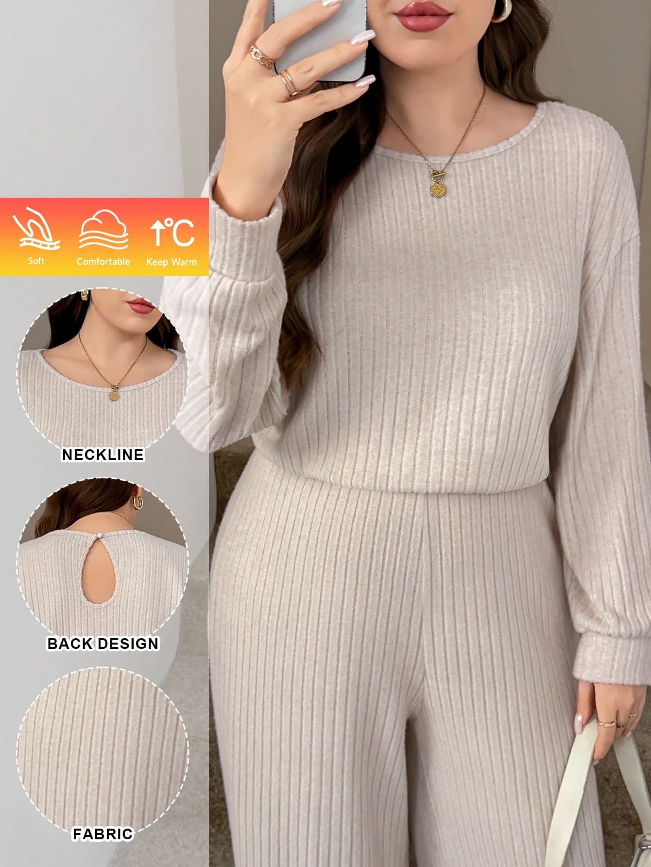 SHEIN LUNE Plus-Size Women's Ribbed Knit Two Piece Set,Autumn Casual Long Jumpsuit,Beige Brushed Fleece Lounge Sets,Smart Casual Everyday Cozy Home Wear Outfits
