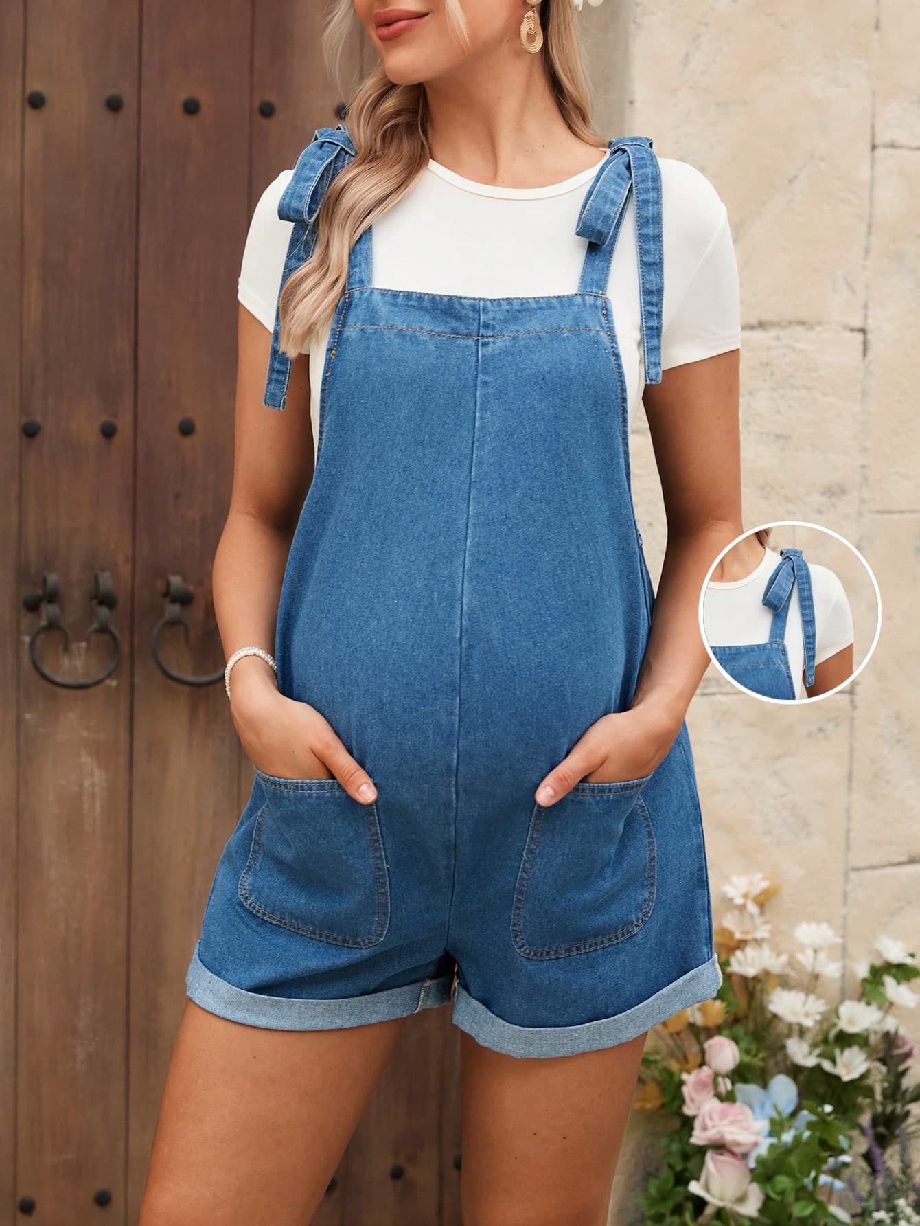 SHEIN Fashionable Casual Vacation Shoulder Tie Bow Jumpsuit & Bib Pants For Pregnant Women, Spring/Summer