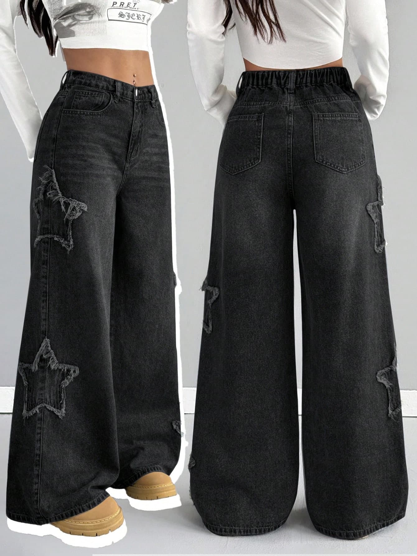 SHEIN Teen Girl Fashion Casual Y2k Vintage Cool Street Returns To School College Fringed Star Patch Design Dark Denim Denim Loose Wide-Leg Jeans Soft Dailywear Winter And Rave Festival And Streetwear School School