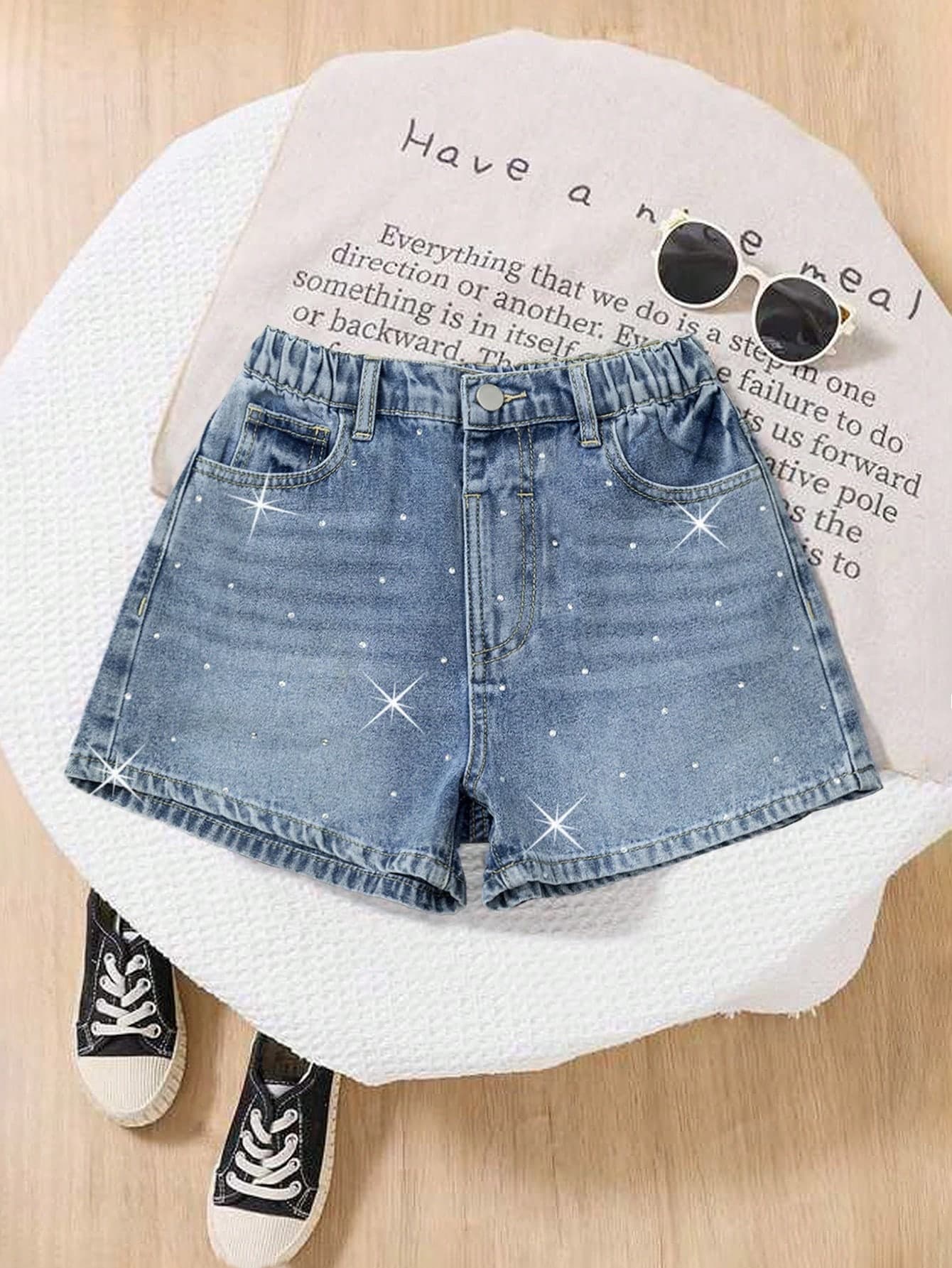 Genkimix Kids Tween Girls Blue Vintage Washed Denim Shorts,Y2K Style Front Rhinestone Decor,Relaxed Straight Leg Cotton Jeans For Summer,Casual,Vacation,School