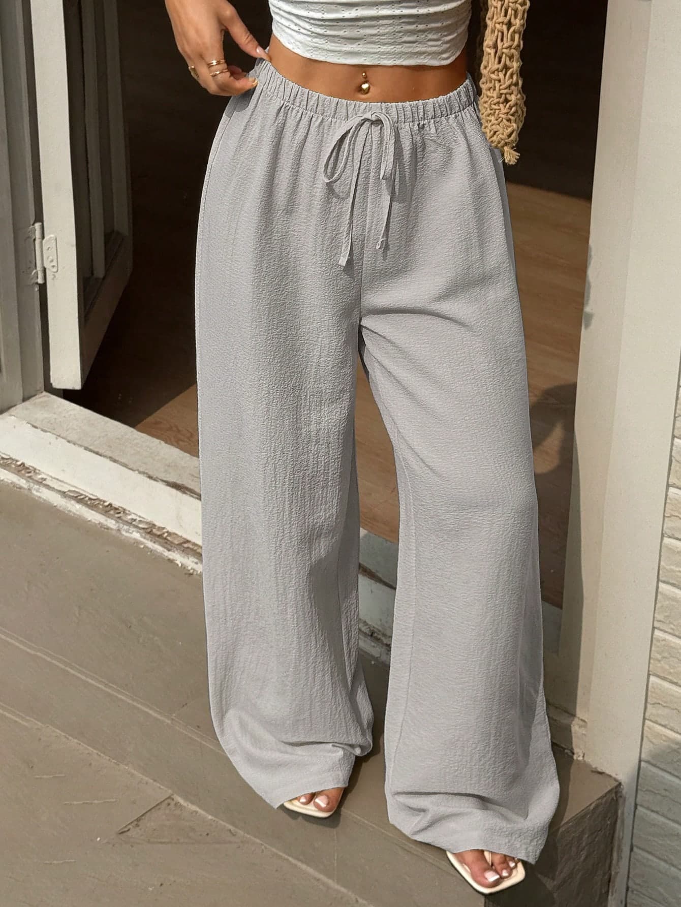 Sunnyshic Women's Casual Vacation Travel Tie-Up Straight Leg Pants, Yellow, Versatile, Slimming, Textured Woven, Spring/Summer