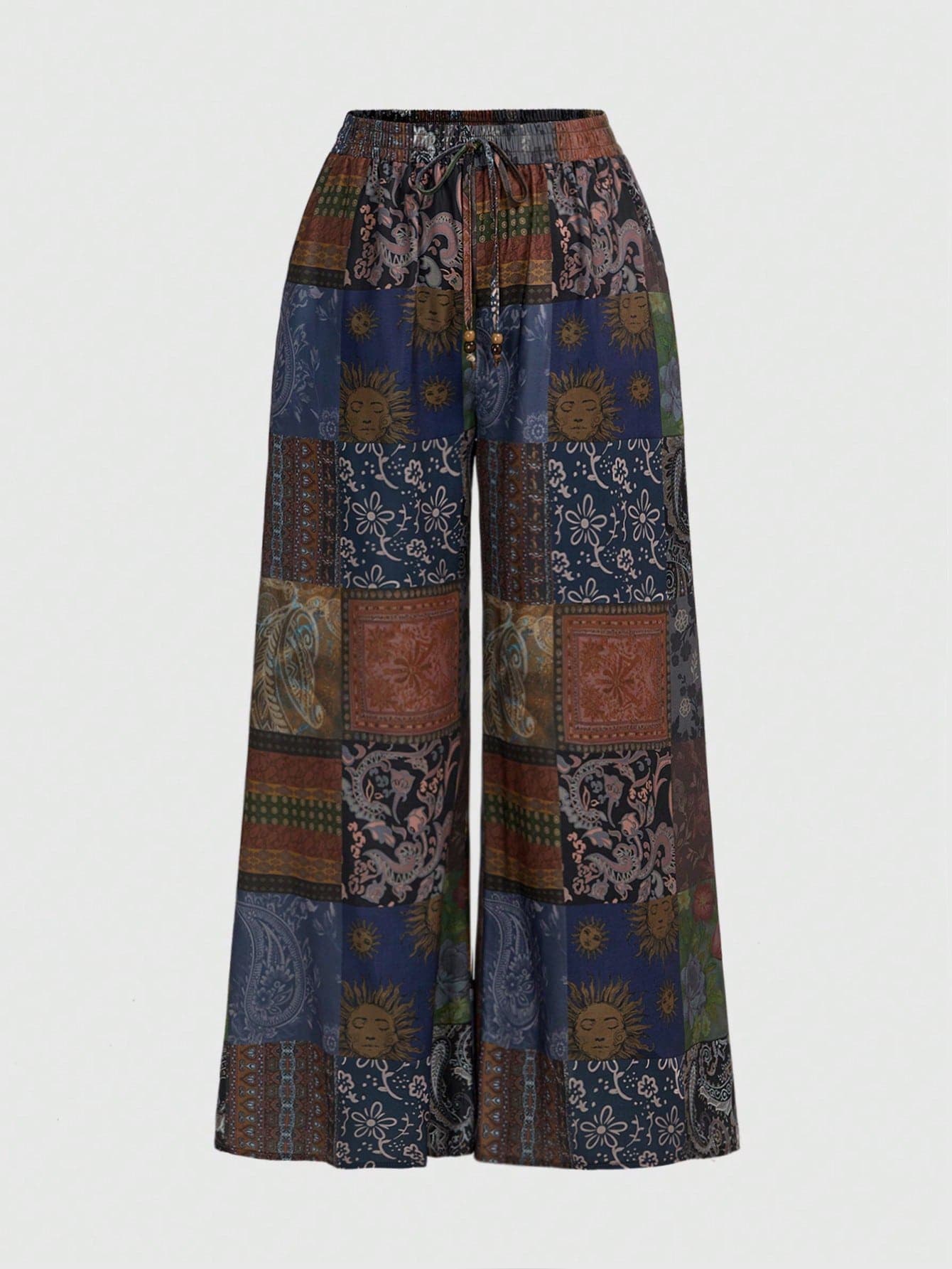 ROMWE Hippie Summer Outfits Plus Size Vacation Style Patchwork Pattern Faux Linen Fabric Loose A-Line Wide Leg Pants Boho Pants For Women Fall