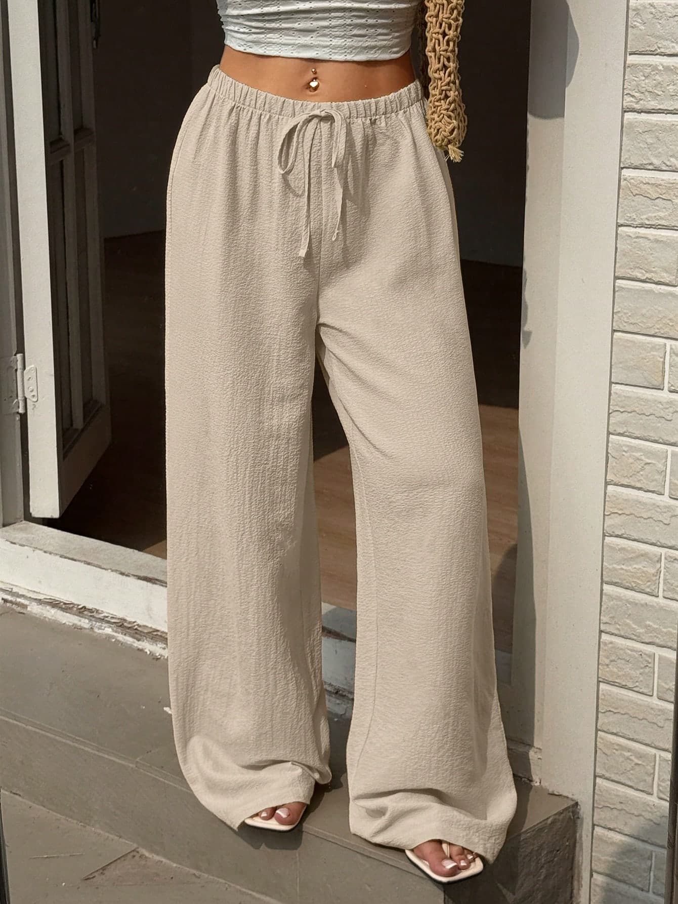 Sunnyshic Women's Casual Vacation Travel Tie-Up Straight Leg Pants, Yellow, Versatile, Slimming, Textured Woven, Spring/Summer