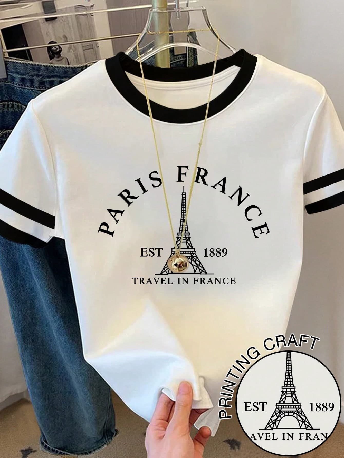 Franclia Women's Paris Eiffel Tower & Letter Print Color Block Round Neck T-Shirt