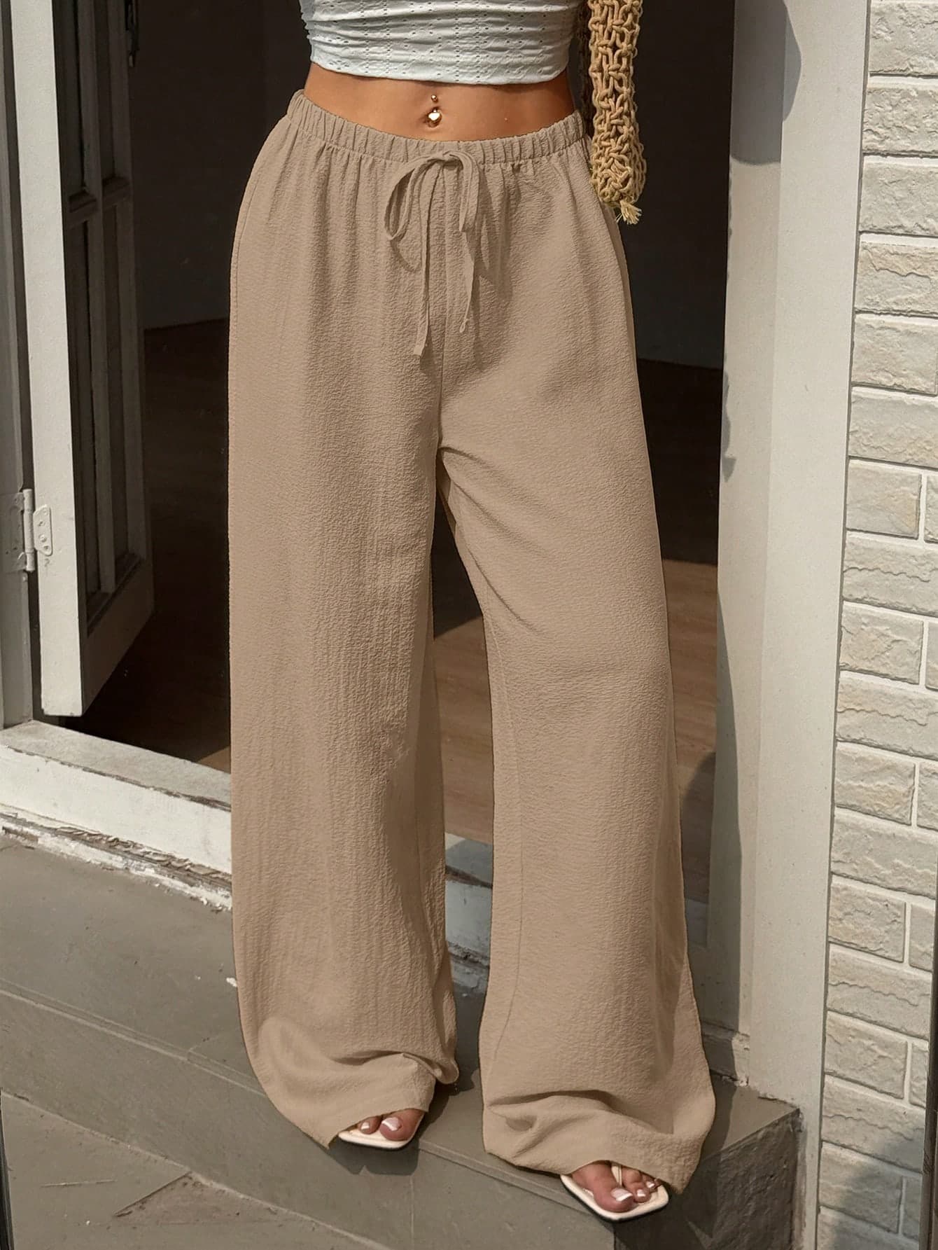 Sunnyshic Women's Casual Vacation Travel Tie-Up Straight Leg Pants, Yellow, Versatile, Slimming, Textured Woven, Spring/Summer