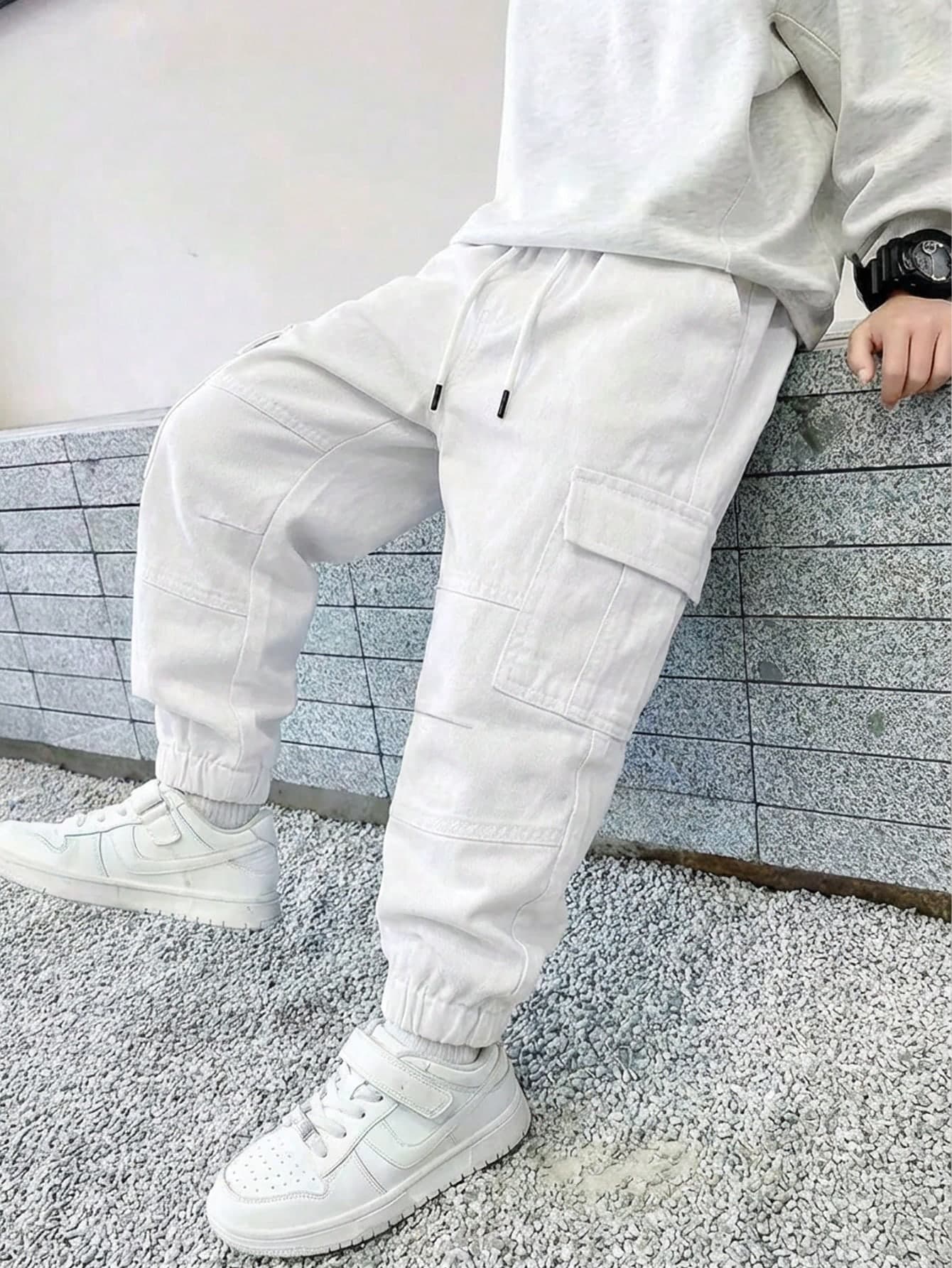 SHEIN Young Boy Retro Streetwear White Multi-Pocket Loose Drawstring Waist Ankle Banded Cargo Jeans,Summer Back-To-School Career Day Campus Chic Fall Winter