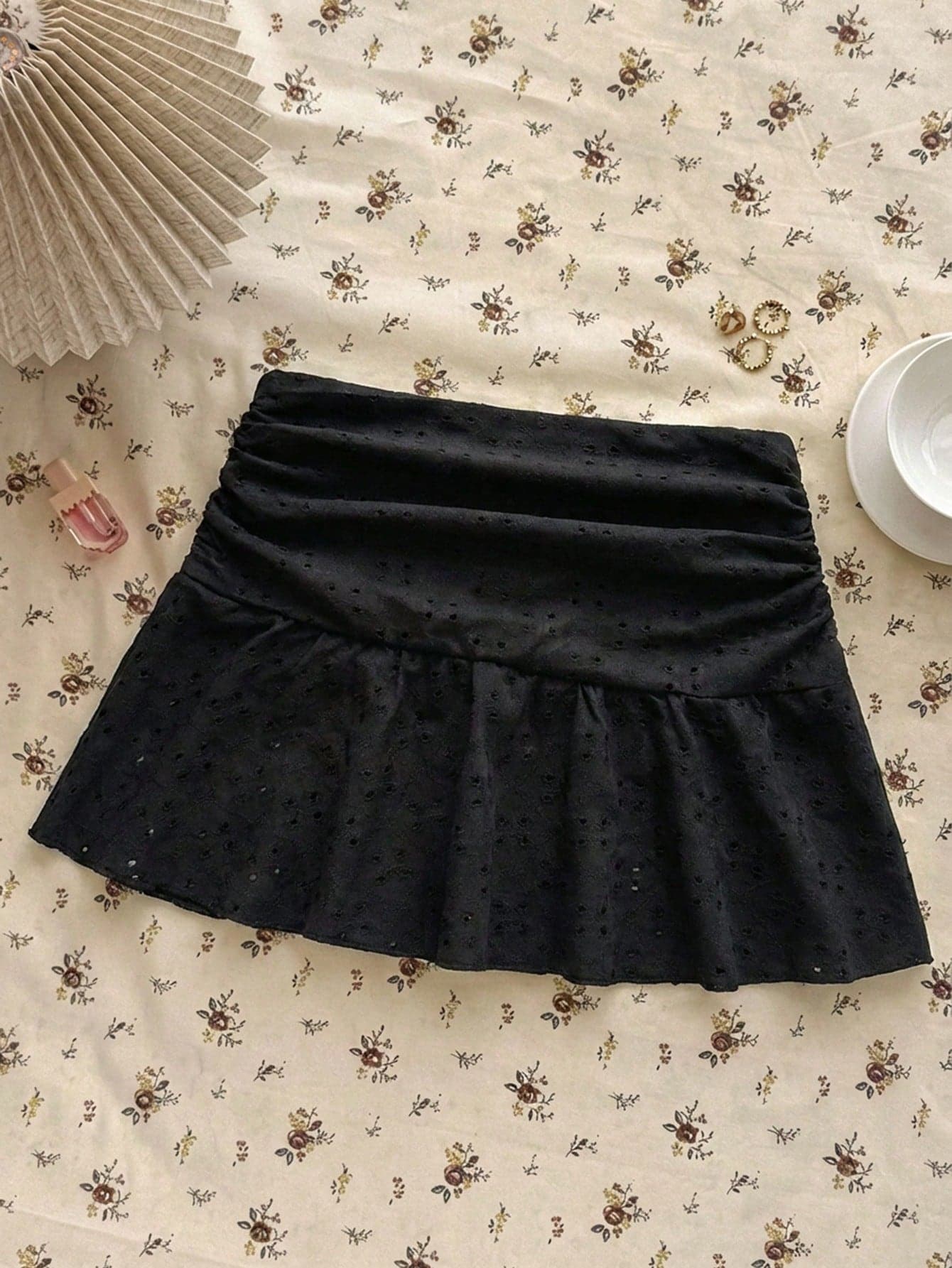 Teen Girls Black Skirt Knit Casual Versatile Hollow Textured Ruched A-Line Mini Skirt, Suitable For Summer