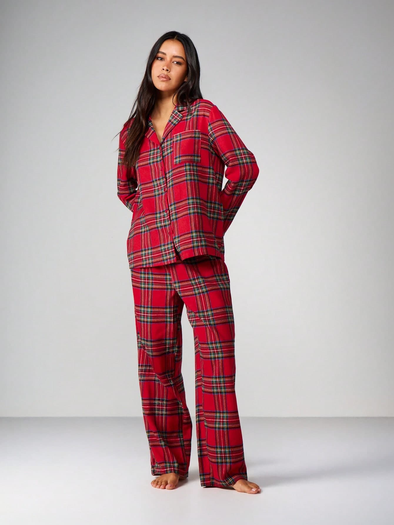 MISSGUIDED Plaid Flannel Pajama Set Long Sleeve Button Up Top Matching Pants Lounge Sleepwear Christmas Holiday