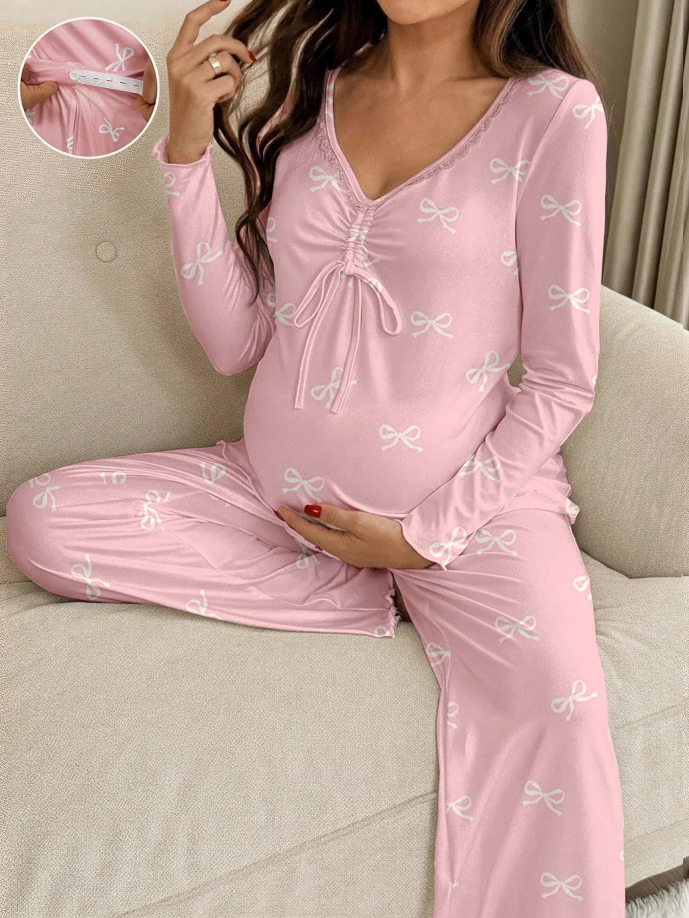 Slowluna Maternity V-Neck Ruched Bow Print Adjustable Waist Long Sleeve T-Shirt And Pants Casual Outfit Sleep Wear Women Maternity Sets