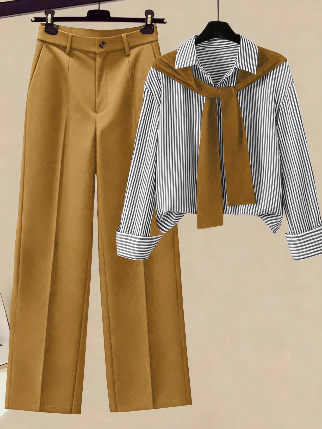Franclia 2pcs/Set Women's Striped Shawl Collar Shirt And High Waist Wide Leg Pants, Spring/Autumn