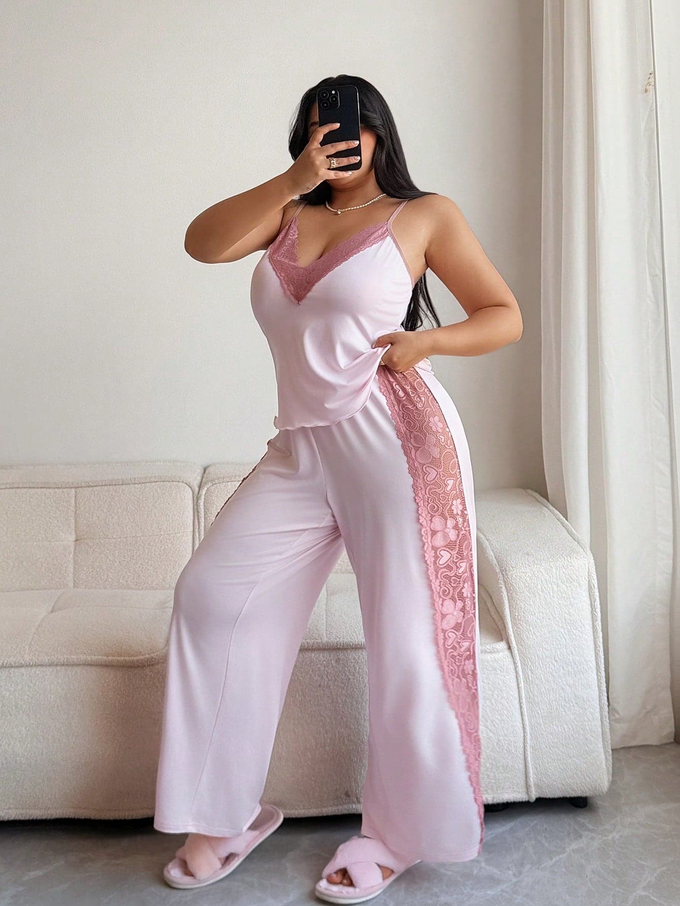 Napfluff CURVE Napfluff CURVE Plus Size Lace Patchwork Camisole And Pants Pajama Set Lace Pajama Set Lace Pj Set Lingerie Pajamas Set Lace Sleepwear Sexy Nightwear