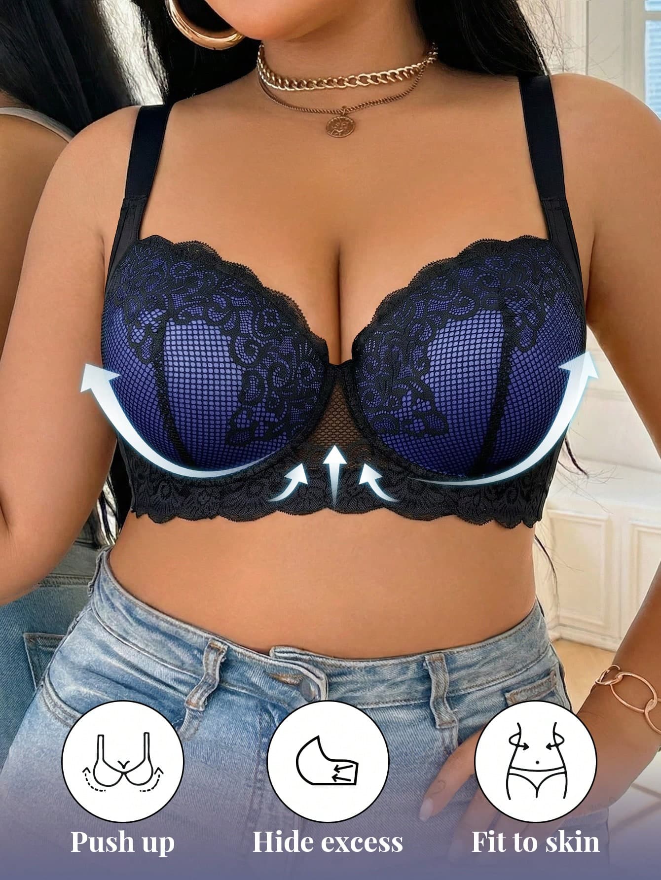 DesireSculpt 1pc Plus Size Lace Comfortable Seamless Padded Underwire Bra