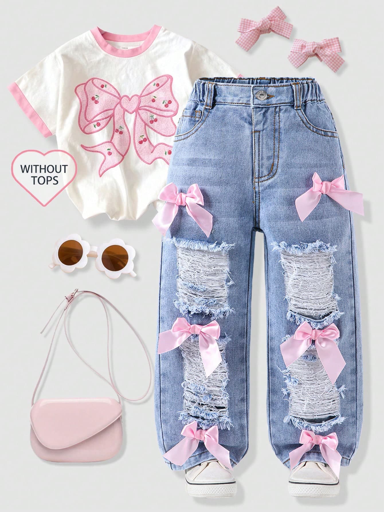 Genkimix Kids Girls' Bowknot Distressed Denim Jeans, Summer New Fashion Casual Style, Vintage Washed Distressed Denim, Pink Bowknot Decor, Cute & Playful, Versatile For Multiple Occasions, Suitable For Spring, Summer, Autumn Wear