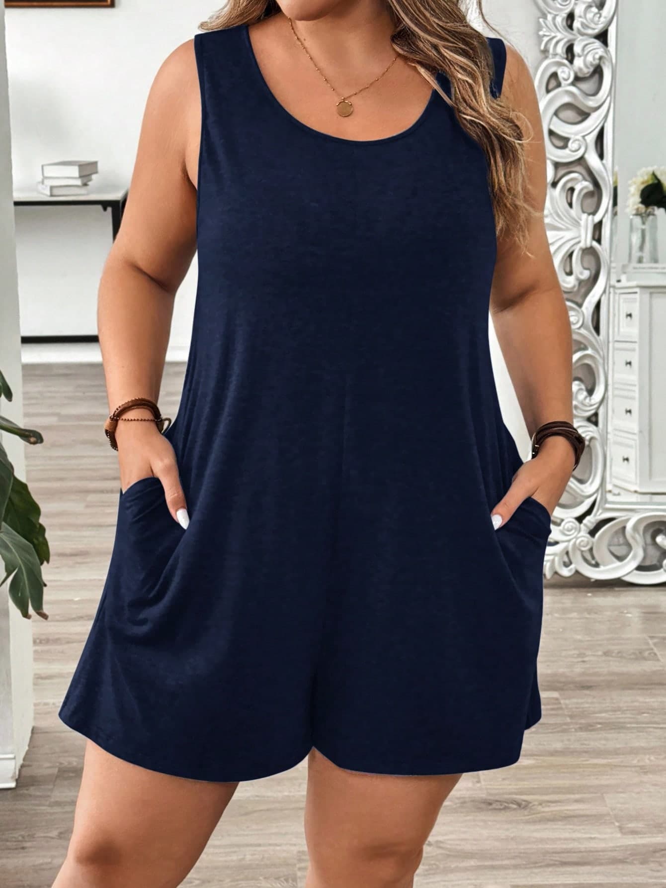 SHEIN LUNE Plus Size Knit Crew Neck Slant Pocket Casual Sleeveless Romper Women Clothing Summer Short Sets With Pockets