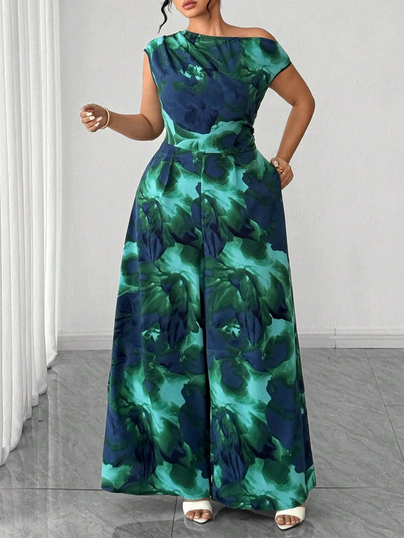 Elenzga Plus Size Women's Navy Blue Tie-Dye Asymmetric Shoulder Wide Leg Jumpsuit,Elegant Summer Wedding Guest Outfits,Stylish Two Piece Pants Set For Ladies