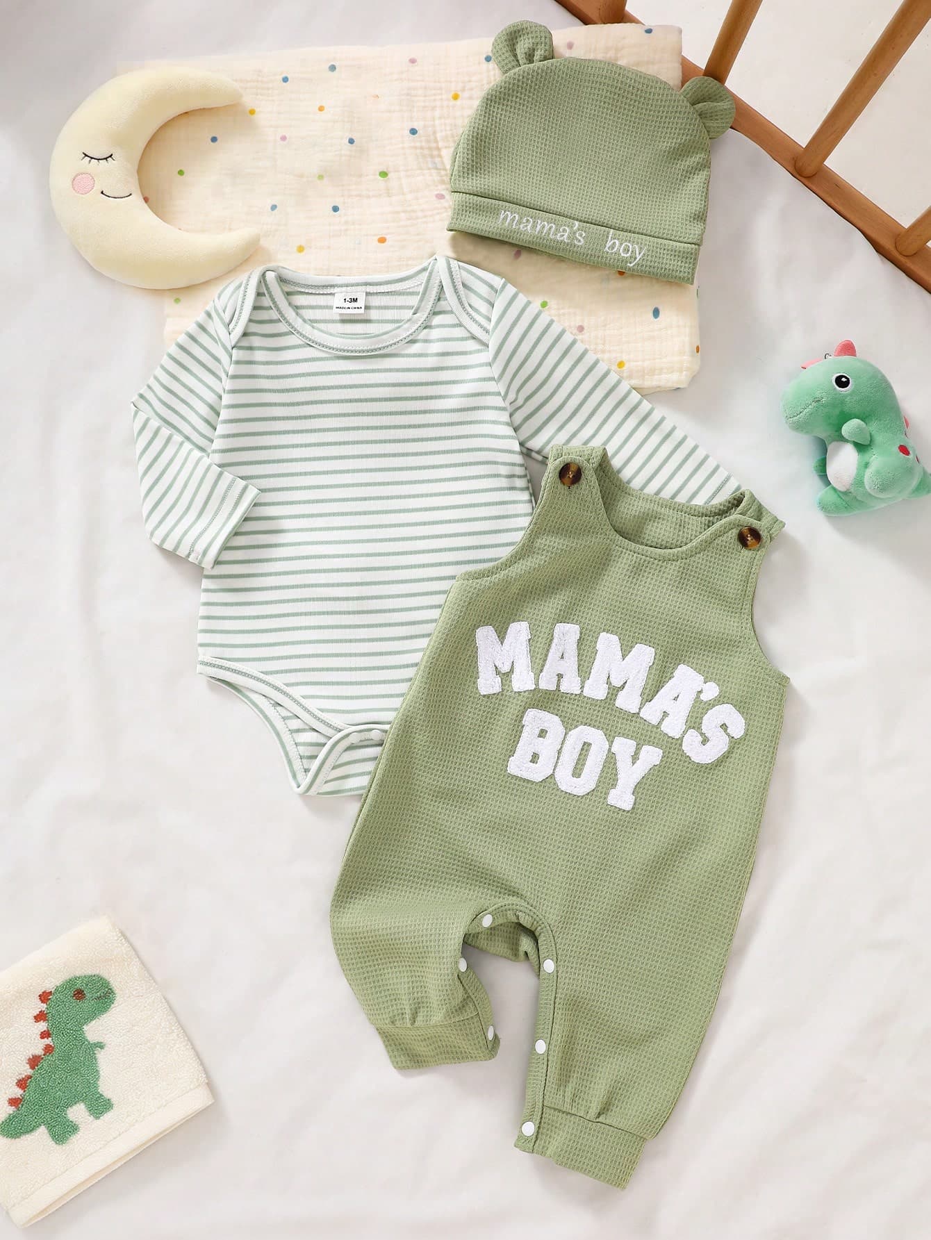 SHEIN Newborn Male Baby Green Striped Long Sleeved Jumpsuit With Letter Embroidered Sleeveless Romper And Hat Cute Autumn Holiday White Comfortable Fabric