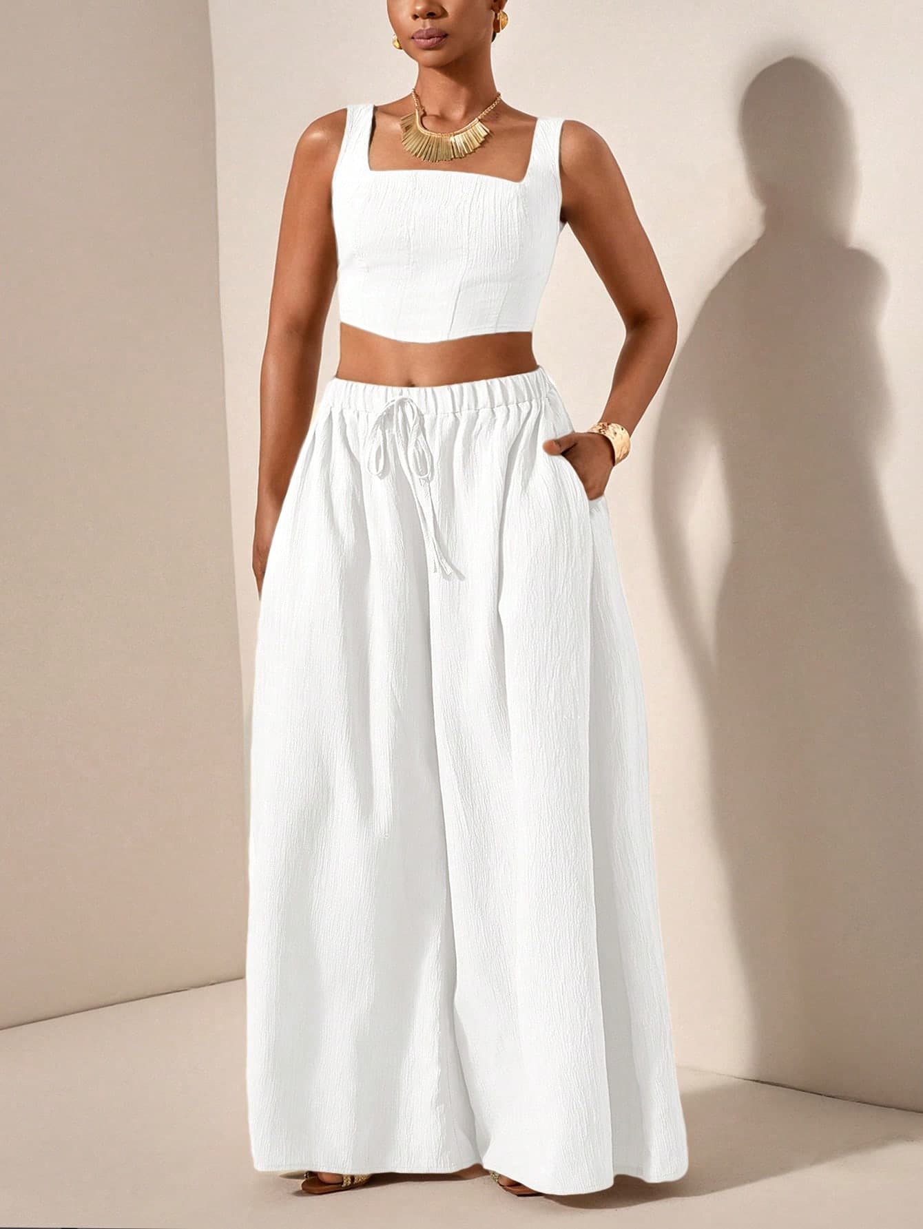Veslaya 2025 New White Summer Party Vacation Women Plus Size 2 Pieces Set,Casual Textured Fishbone Strap Top And Wide Leg Pants With Pockets Y2k Outfits