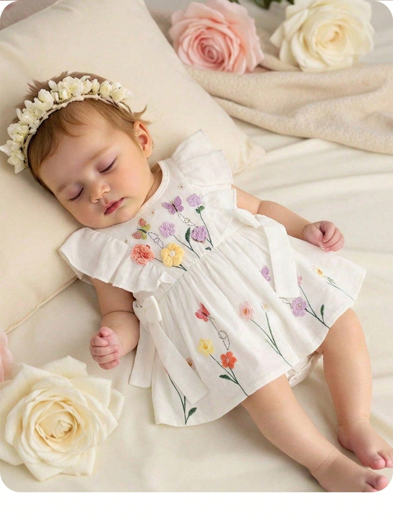 Newborn Baby Girls Round Neck Sleeveless Short Bodysuit White Polyester With Delicate Plant Pattern Embroidery And Ruffles,Kids