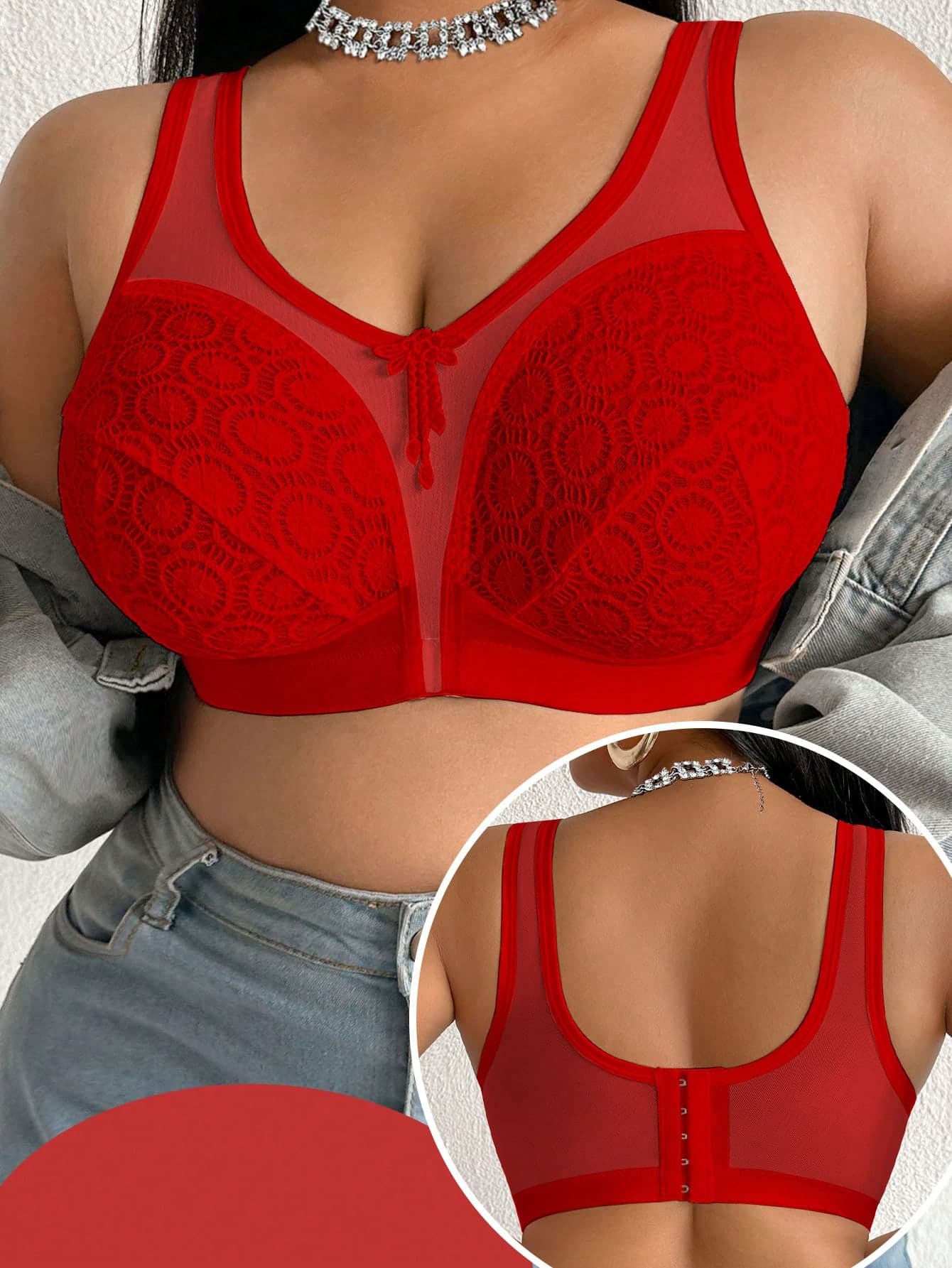 DesireSculpt Plus Size Women Romantic Contrast Lace Sheer Mesh Lift & Support Wireless Bra