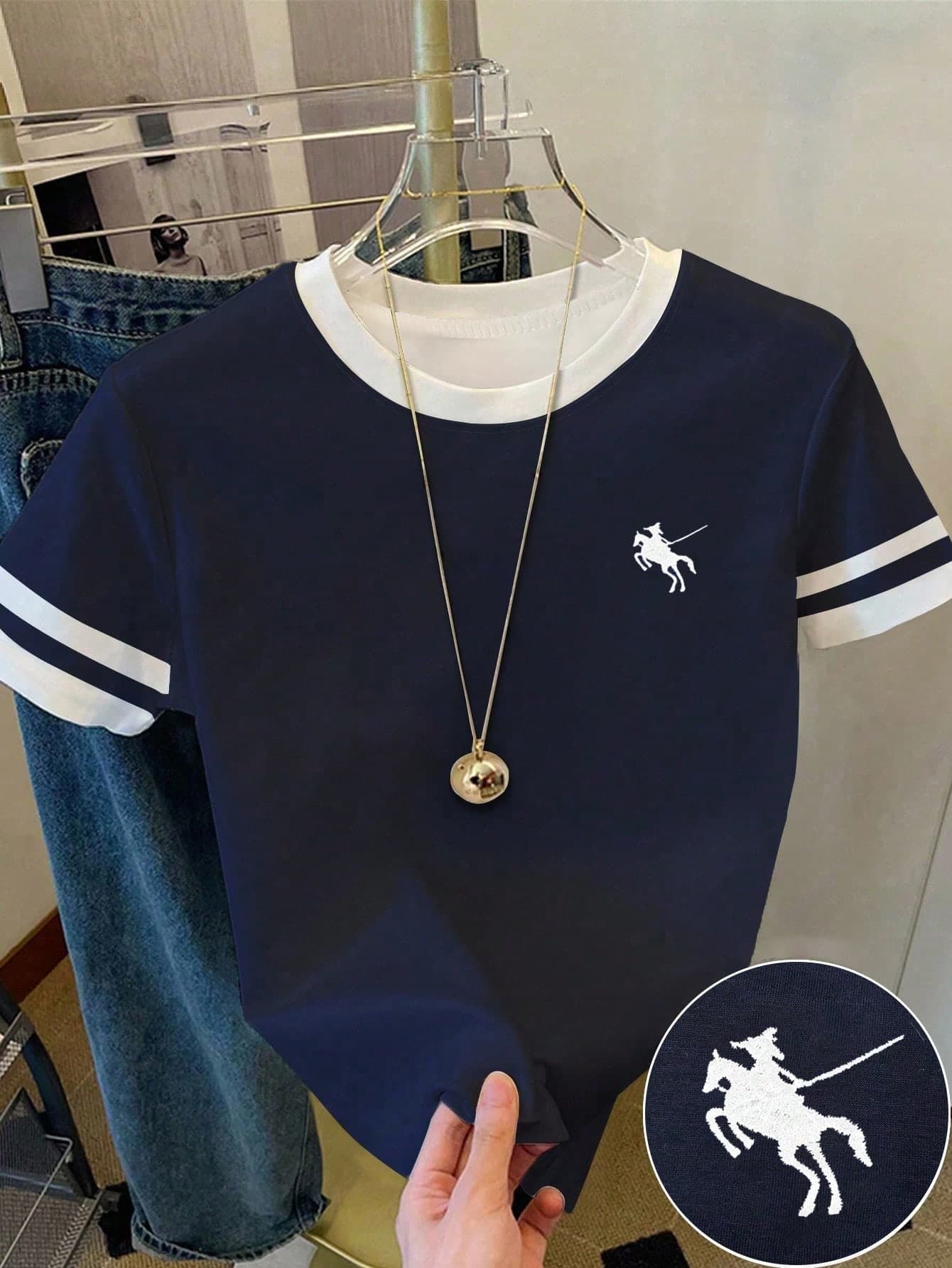 Teen Girl Retro American Campus Classic Logo Short Sleeve Crew Neck T-Shirt,Navy,Summer,Graduation,Sport,Back-To-School,Preppy Contrast Color Fitted