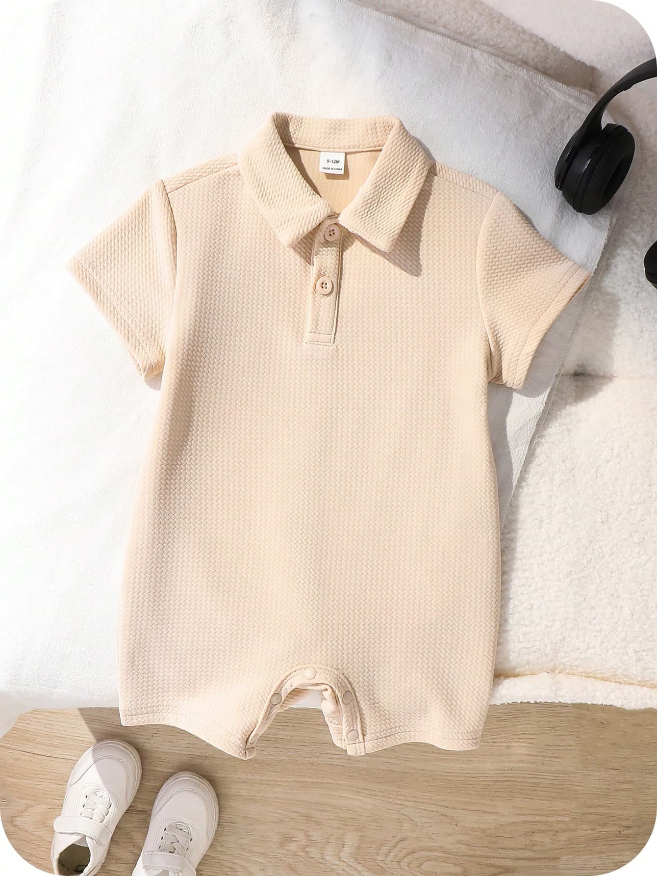 SHEIN Newborn Baby Boy/Girl Soft Comfortable Knit Romper,Peach,Summer,Casual,Work White Short Sleeve Everyday Outfit For Party,Photo Shoot,Birthday,Kids