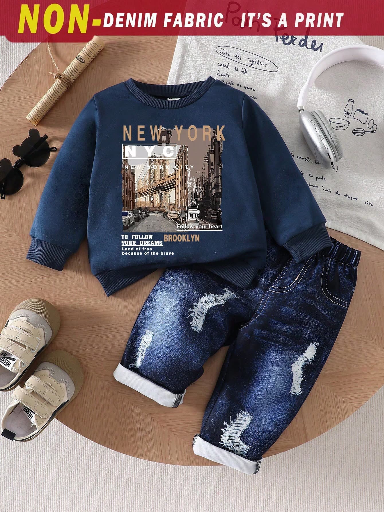 SHEIN 2pcs/Set Baby Boy Clothes Navy Blue Long Sleeve Sweatshirt & Letter Print Faux Denim Pants Casual Summer Back-To-School Page Boy Outfit For Toddler