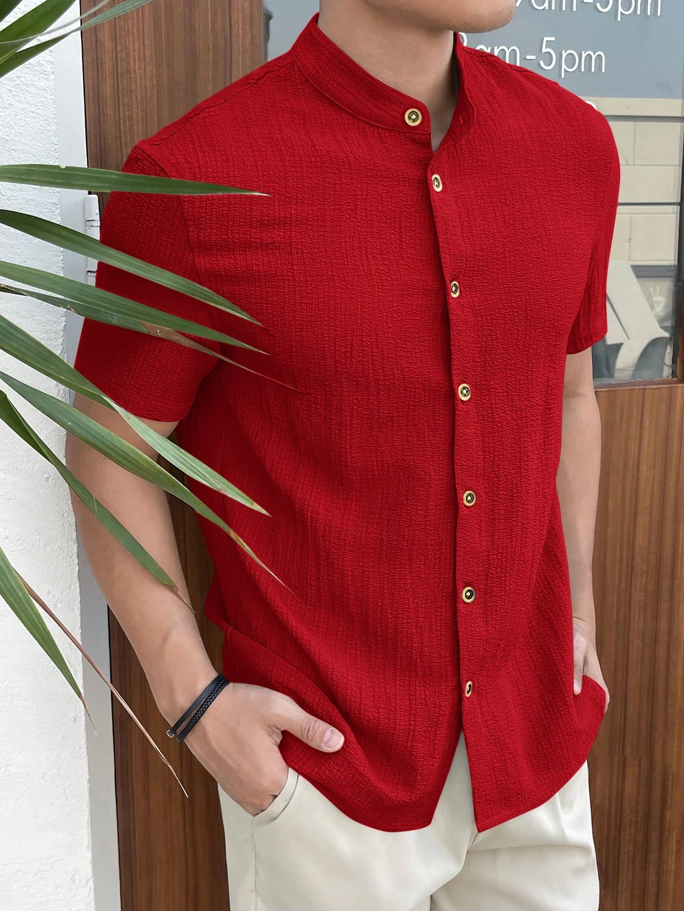 HIMLAND Men's Light Red Summer Casual Vacation Faux Linen Embroidered Short Sleeve Shirt,Mandarin Band Collar Button Down Grandad Top,Slim Fit Beach Blouse